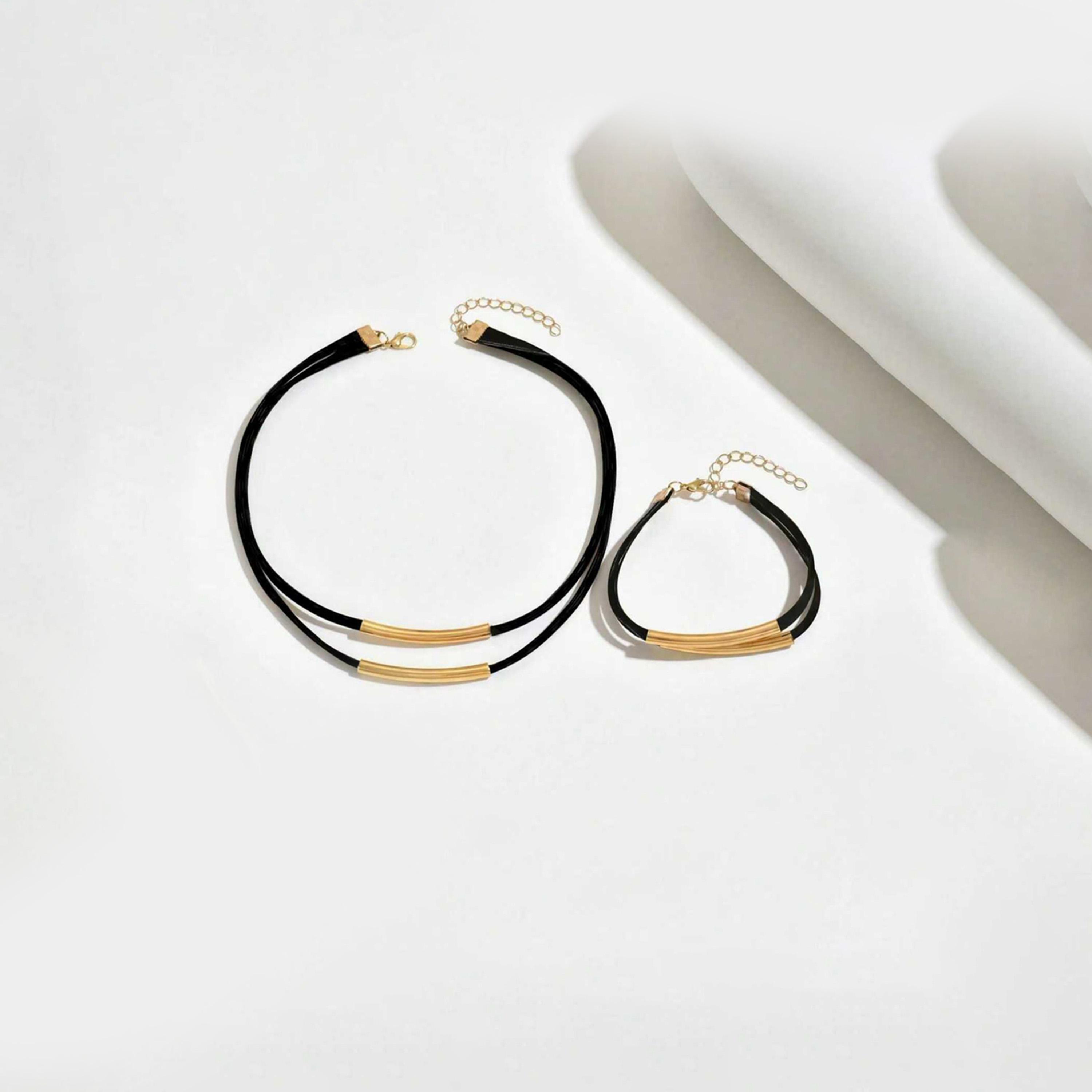 تيك تو - طقم مجوهرات قلادة وأسوارة متعددة الطبقات بتصميم بار-women-watchesandjewellery-jewellery-jewellerysets-image-1