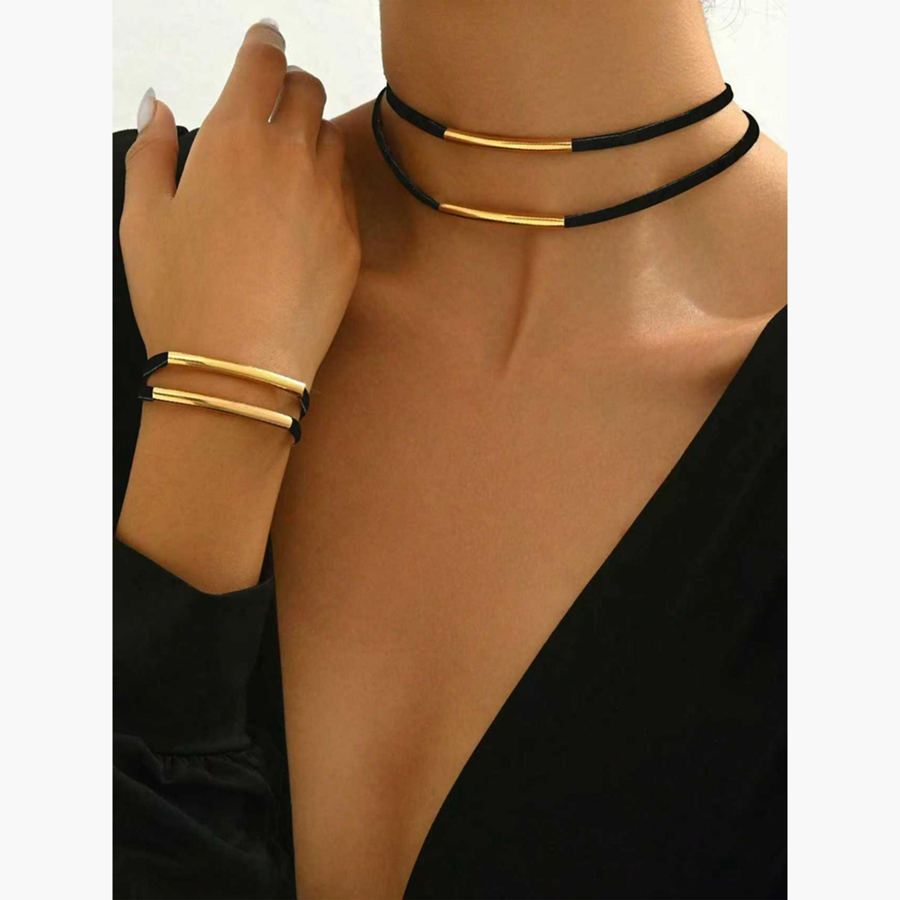 تيك تو - طقم مجوهرات قلادة وأسوارة متعددة الطبقات بتصميم بار-women-watchesandjewellery-jewellery-jewellerysets-image-2