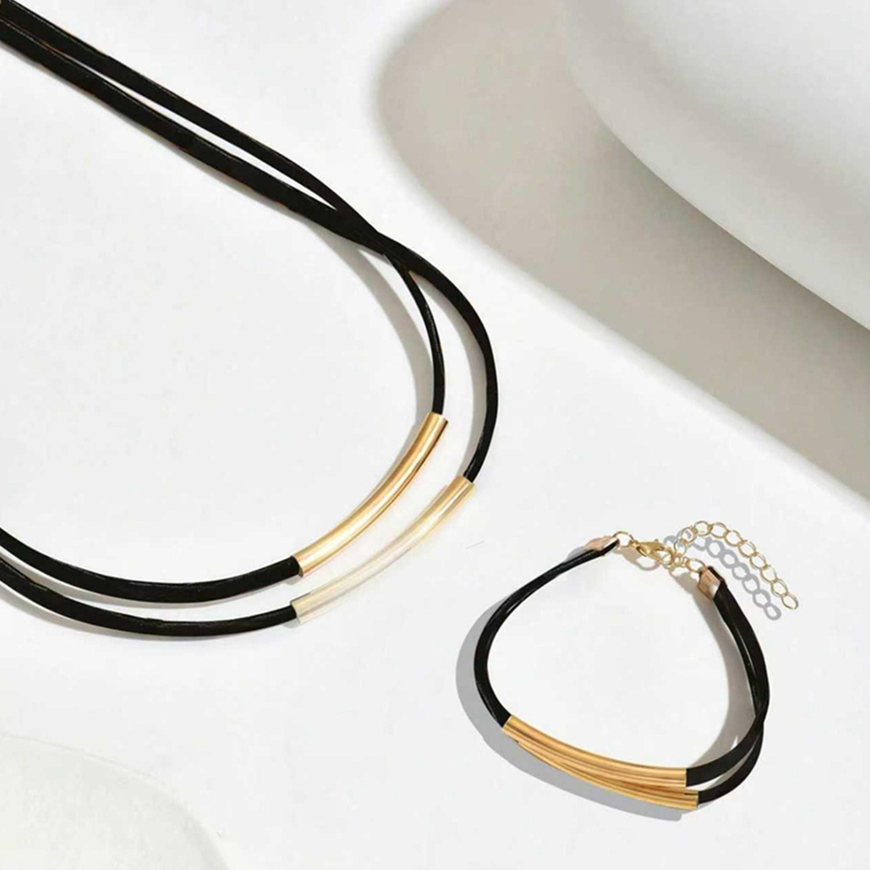 تيك تو - طقم مجوهرات قلادة وأسوارة متعددة الطبقات بتصميم بار-women-watchesandjewellery-jewellery-jewellerysets-image-3