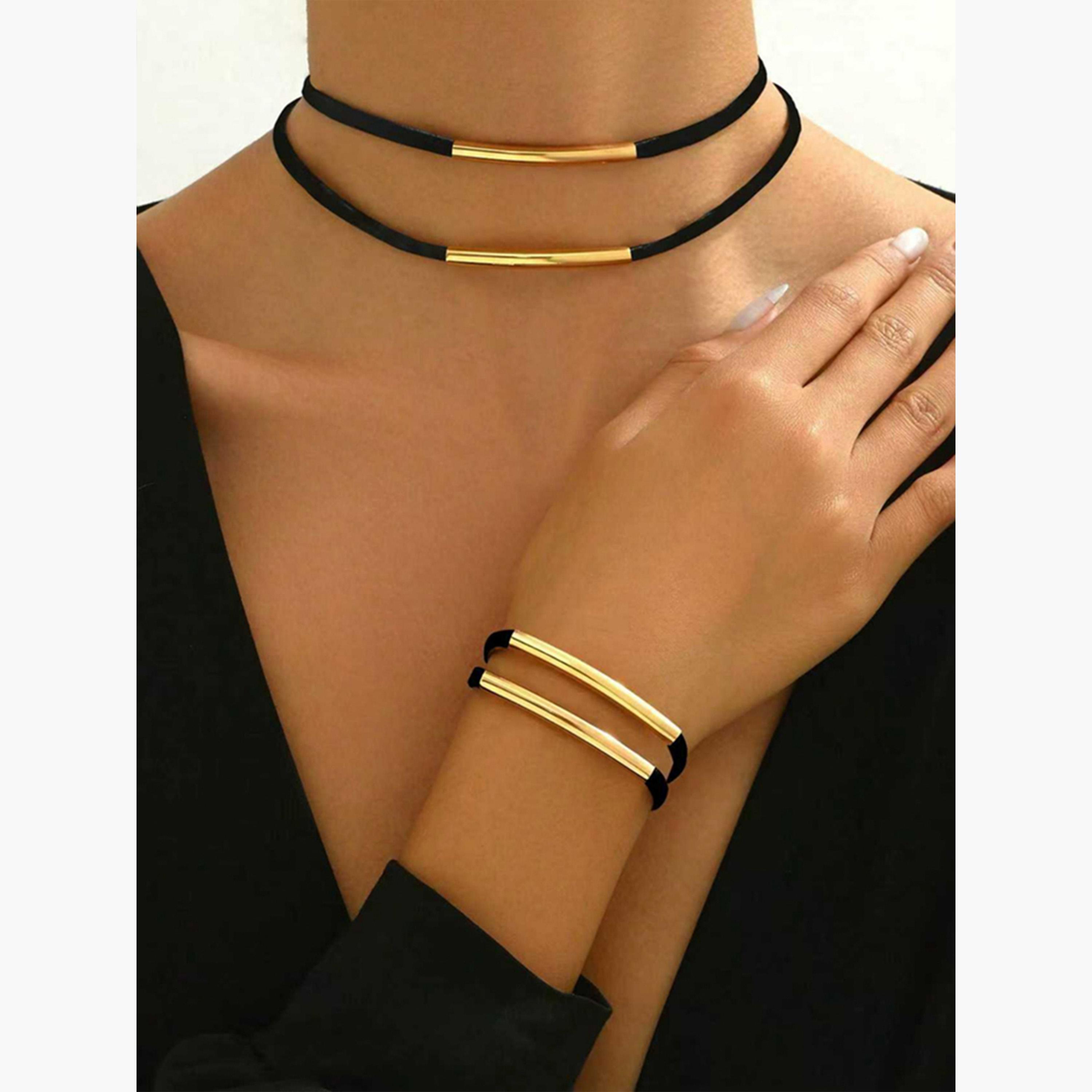 تيك تو - طقم مجوهرات قلادة وأسوارة متعددة الطبقات بتصميم بار-women-watchesandjewellery-jewellery-jewellerysets-image-4