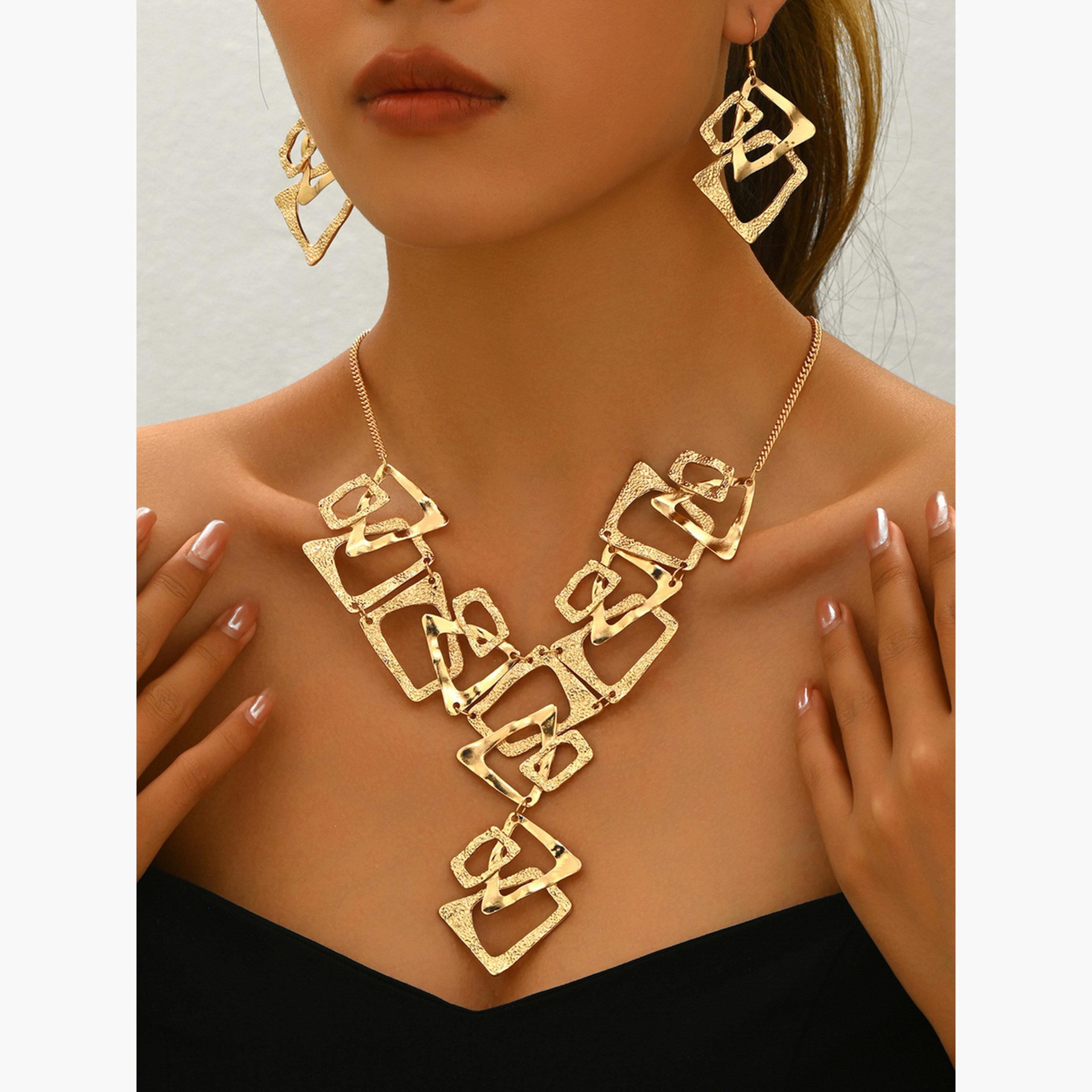 تيك تو - طقم مجوهرات قلادة وأقراط هندسية مجوفة-women-watchesandjewellery-jewellery-jewellerysets-image-2