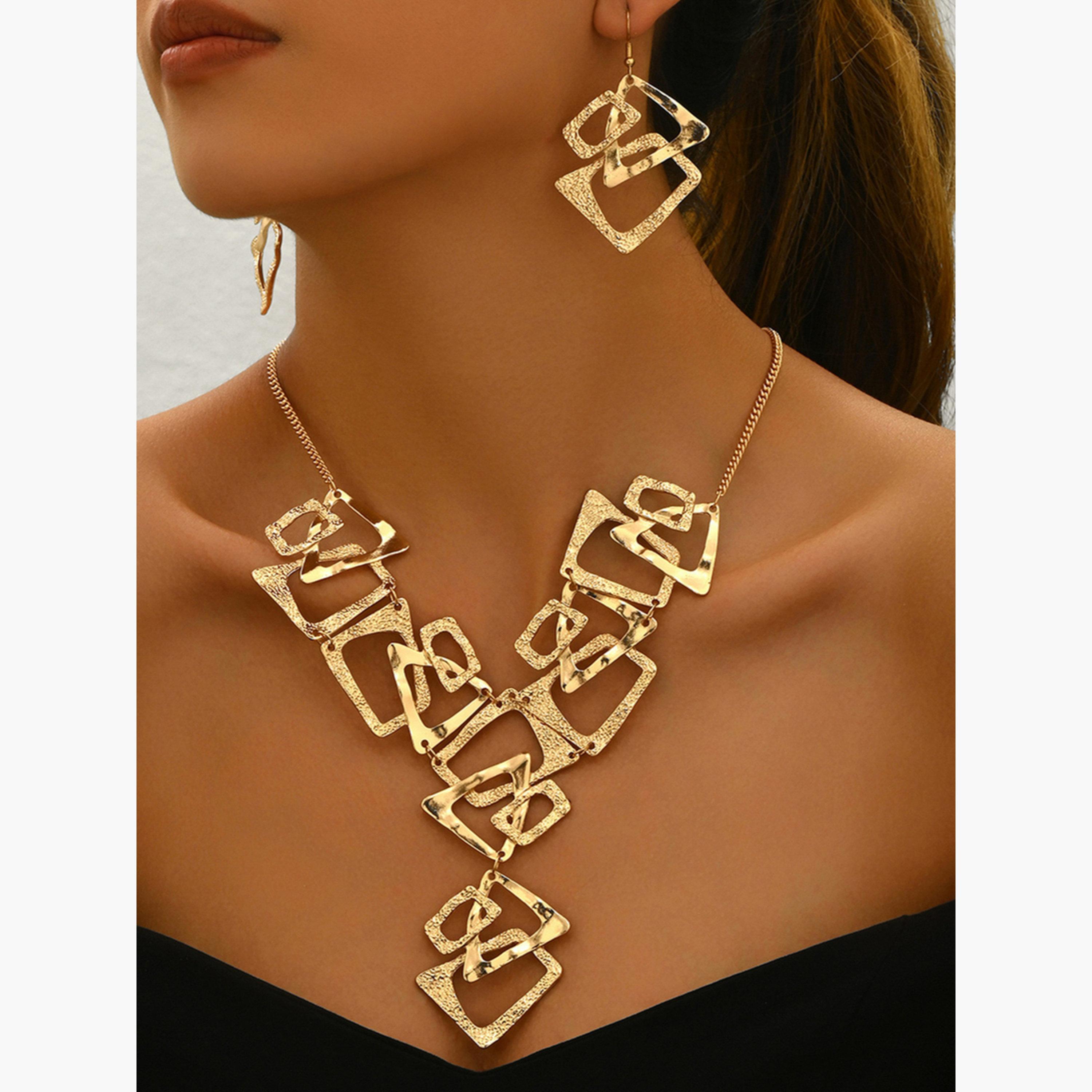 تيك تو - طقم مجوهرات قلادة وأقراط هندسية مجوفة-women-watchesandjewellery-jewellery-jewellerysets-image-3