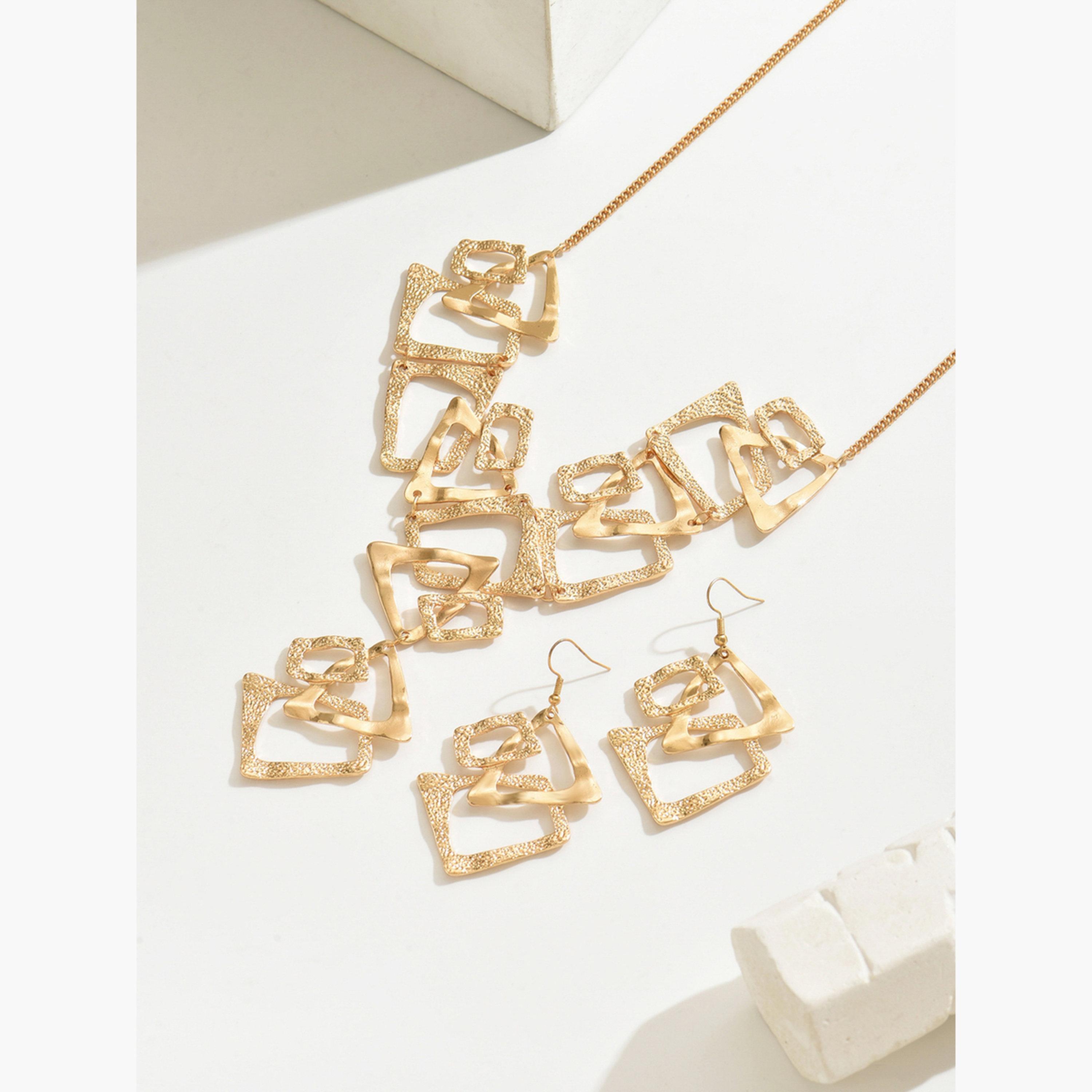تيك تو - طقم مجوهرات قلادة وأقراط هندسية مجوفة-women-watchesandjewellery-jewellery-jewellerysets-image-4