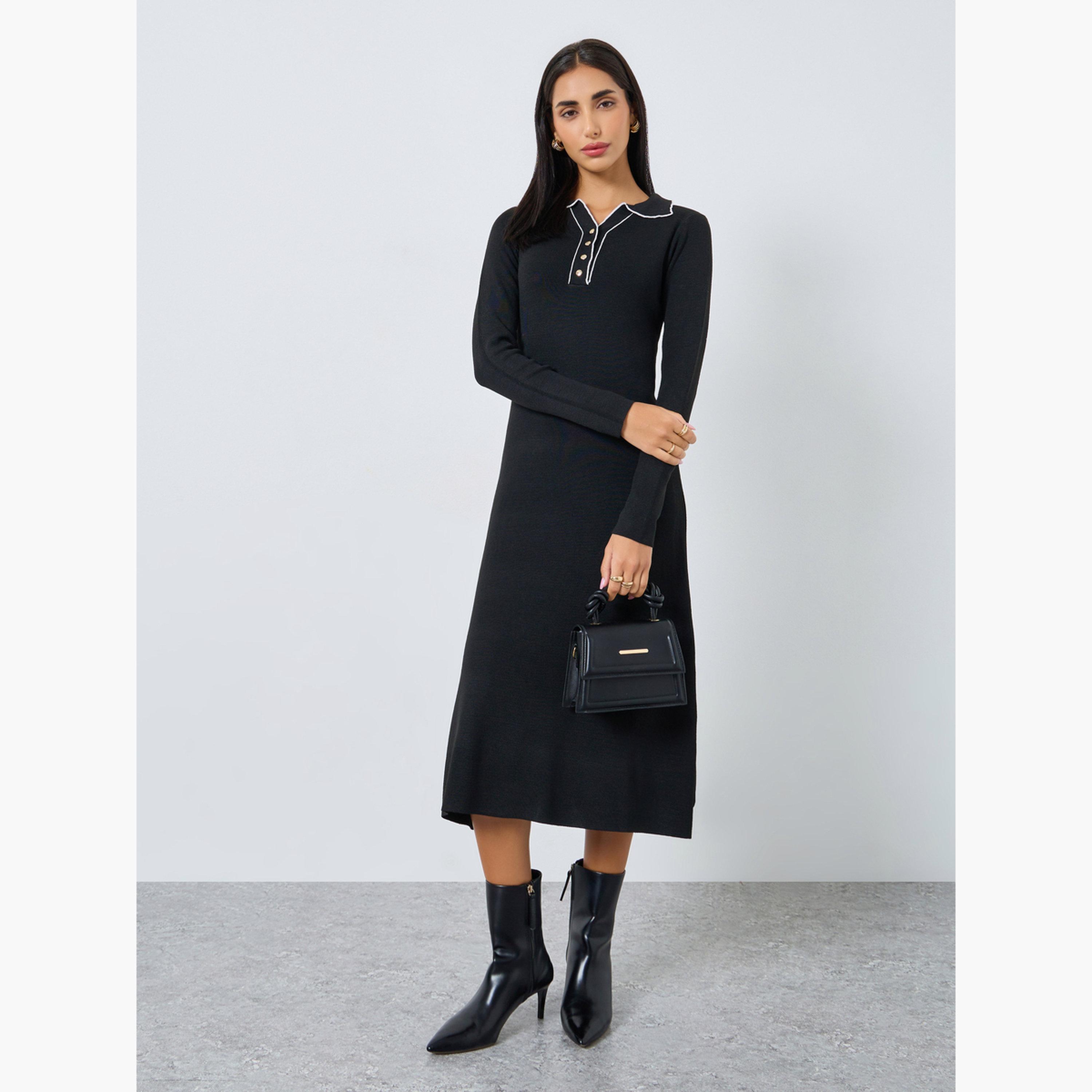 ستايلي - فستان أسود متوسط ​​الطول بأكمام طويلة للنساء-women-clothing-dresses-image-1