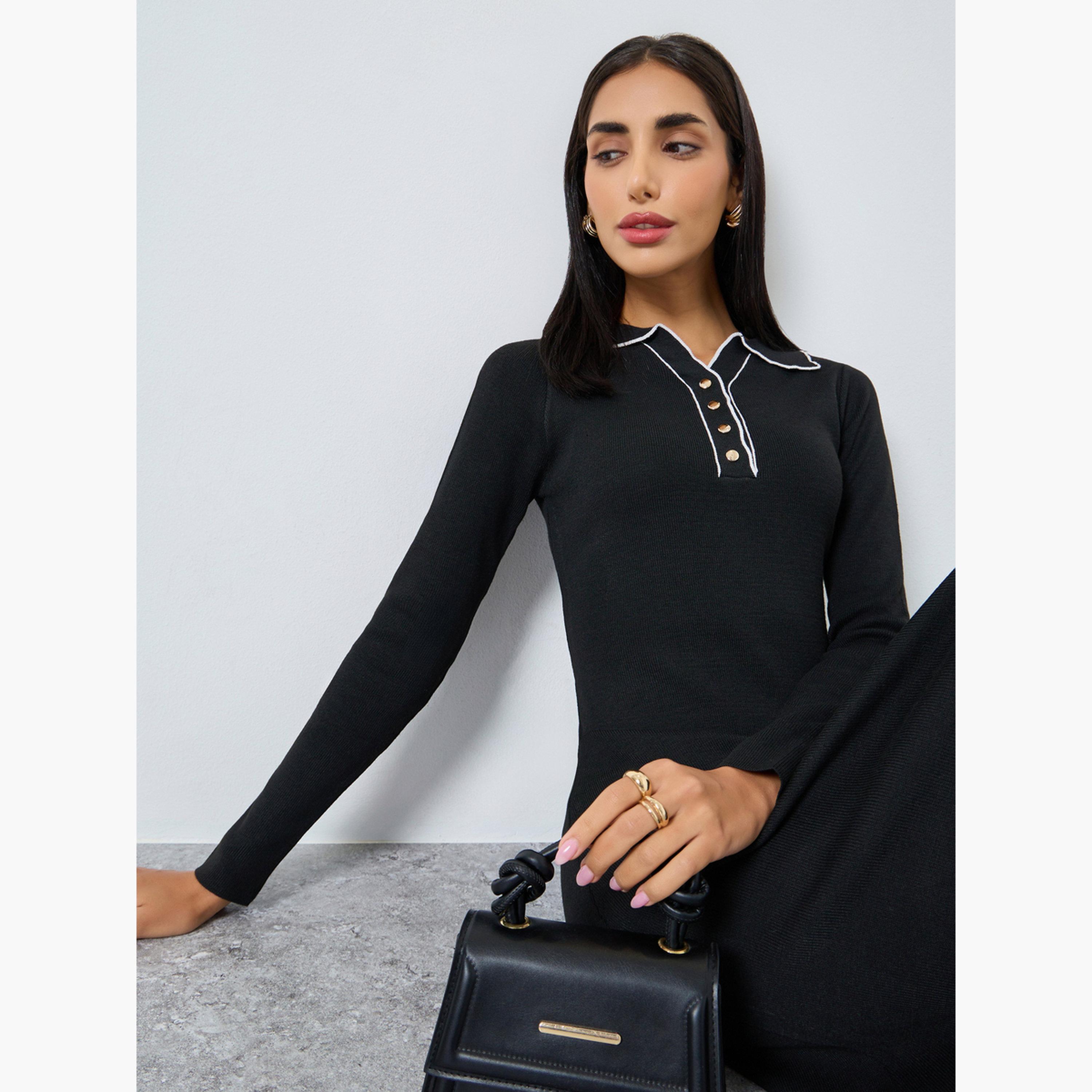 ستايلي - فستان أسود متوسط ​​الطول بأكمام طويلة للنساء-women-clothing-dresses-image-2