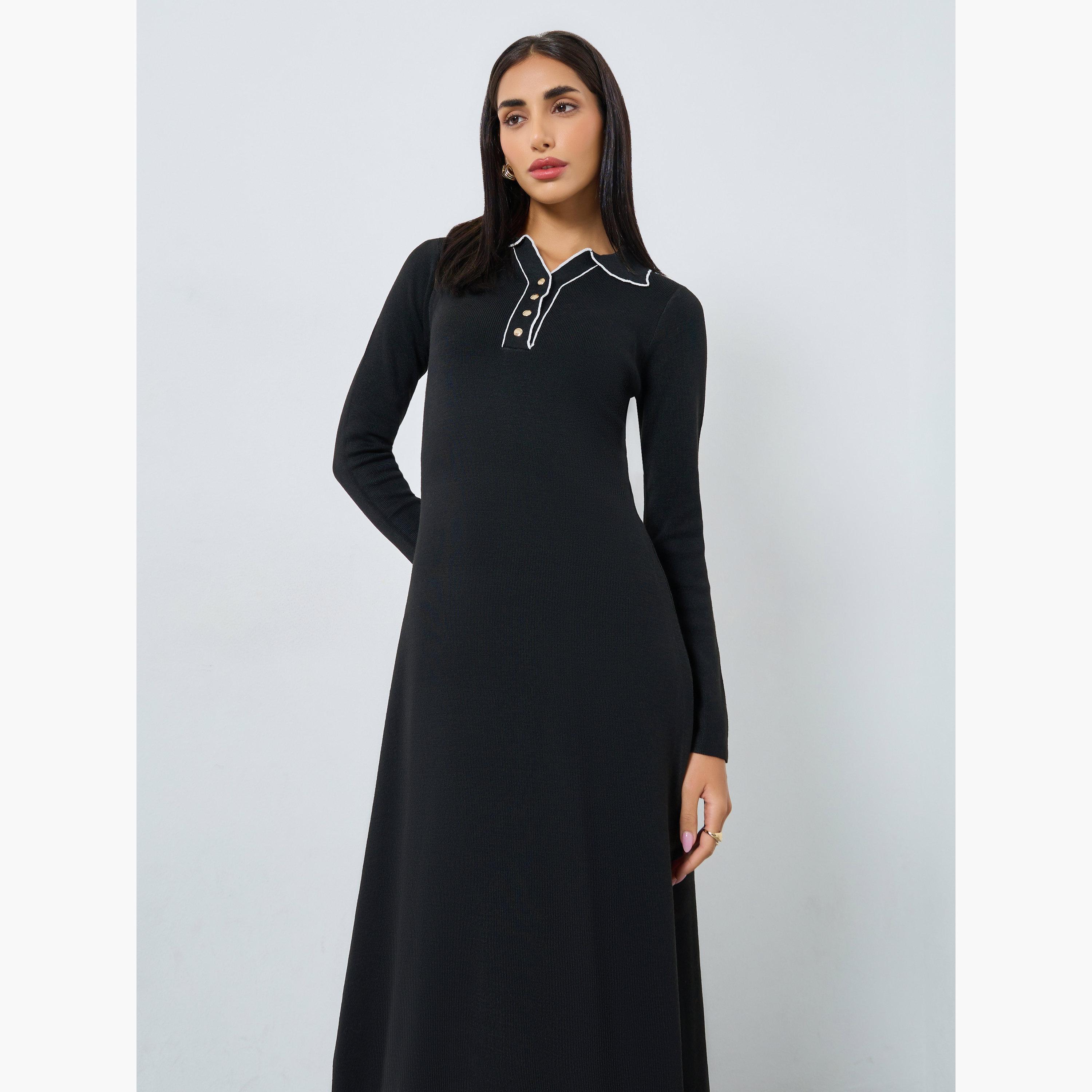 ستايلي - فستان أسود متوسط ​​الطول بأكمام طويلة للنساء-women-clothing-dresses-image-3