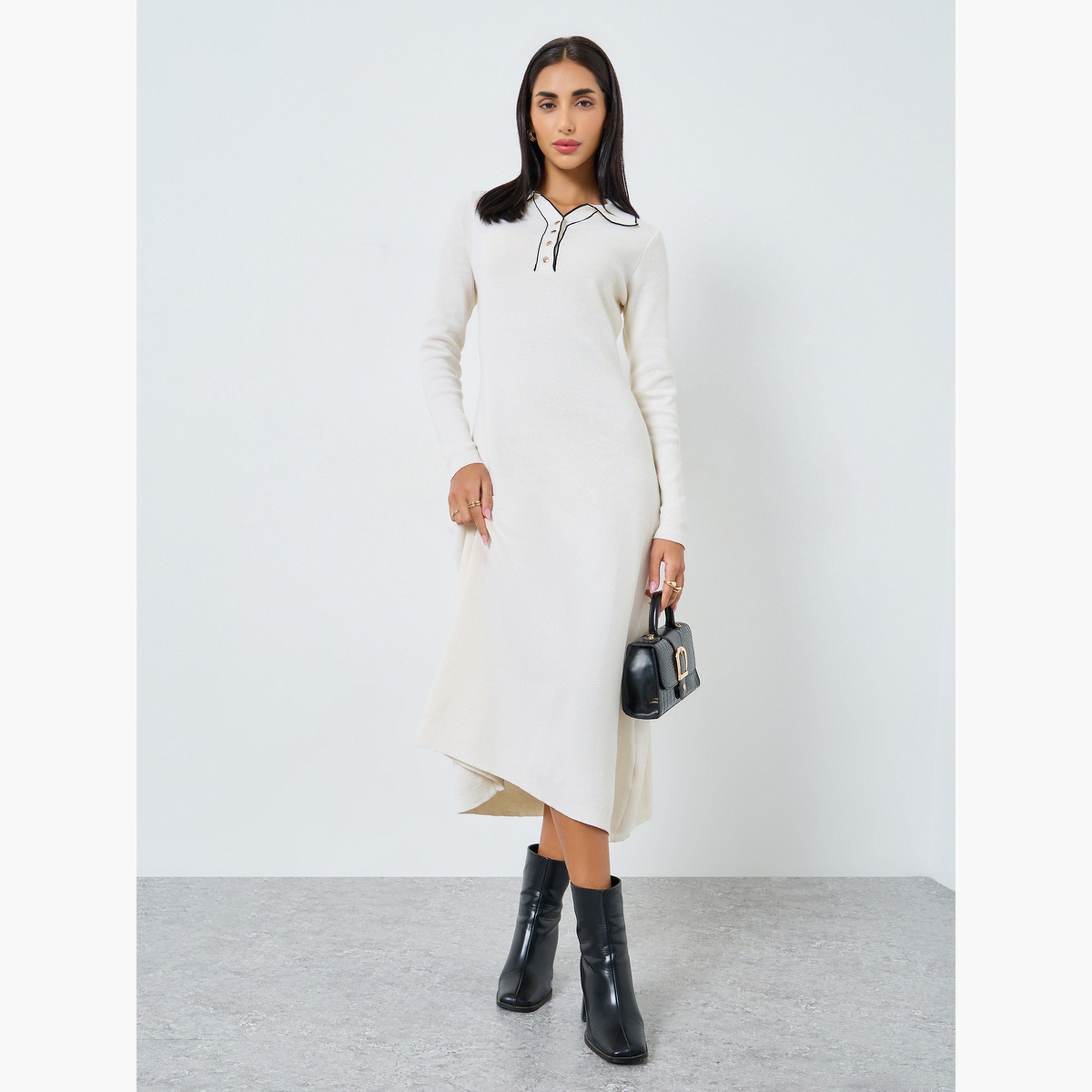 ستايلي - فستان متوسط ​​الطول بأكمام طويلة لون أوف وايت للنساء-women-clothing-dresses-image-1