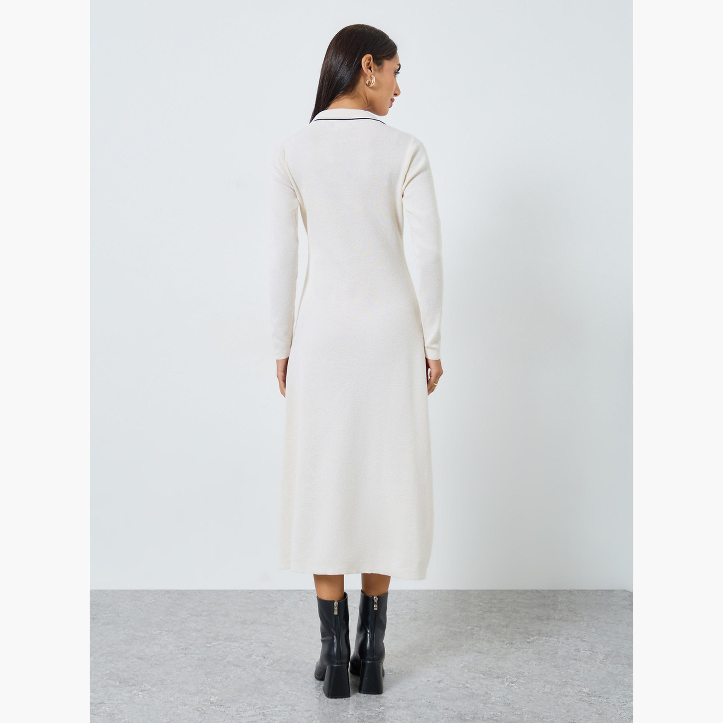 ستايلي - فستان متوسط ​​الطول بأكمام طويلة لون أوف وايت للنساء-women-clothing-dresses-image-3