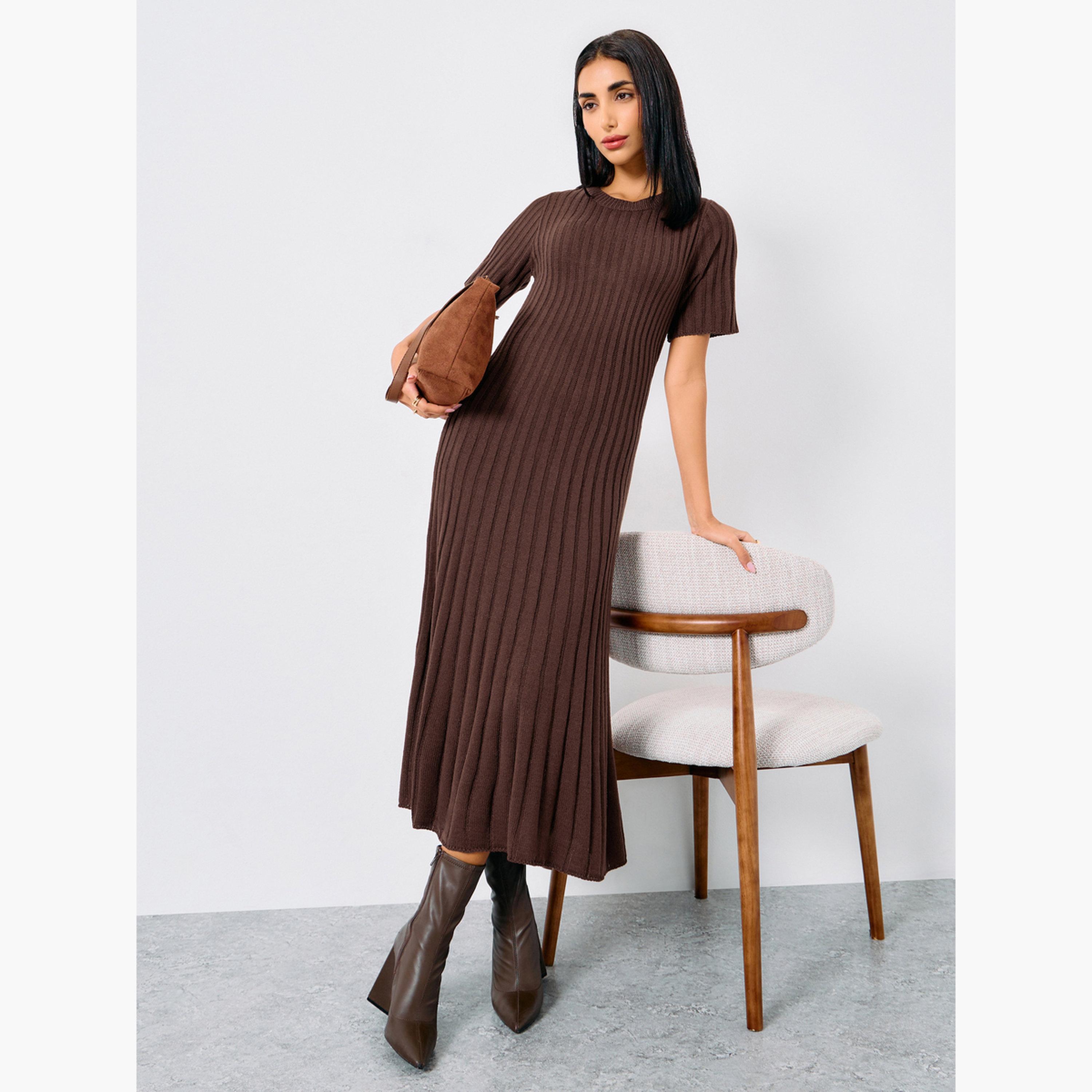 ستايلي - فستان متوسط ​​الطول من الصوف البني المطوي للنساء-women-clothing-dresses-image-1