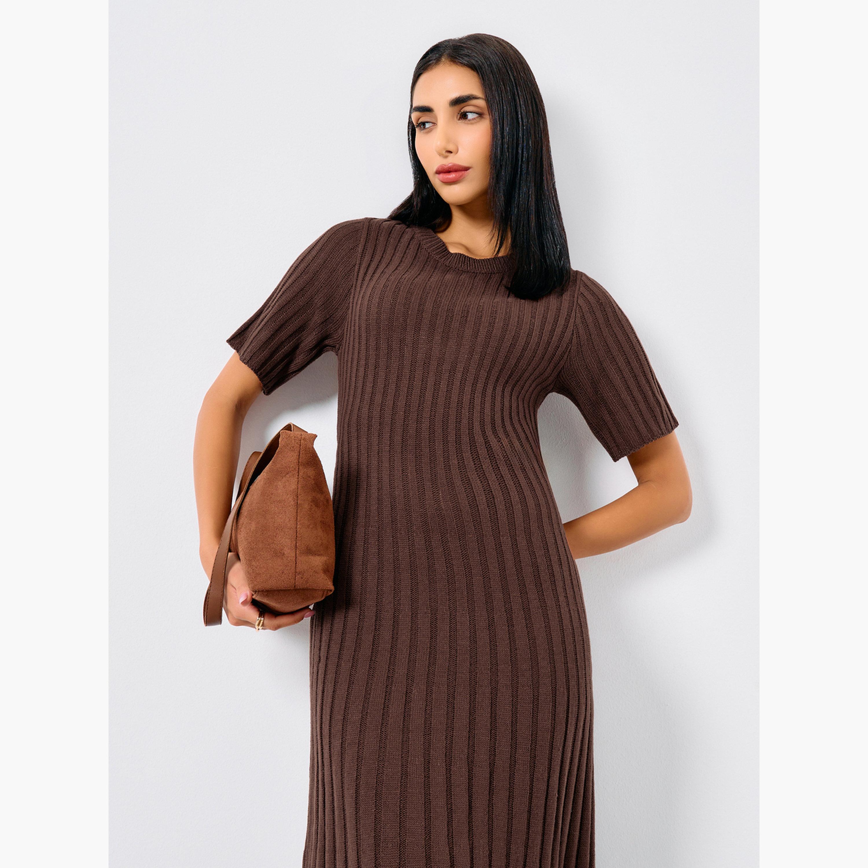 ستايلي - فستان متوسط ​​الطول من الصوف البني المطوي للنساء-women-clothing-dresses-image-2