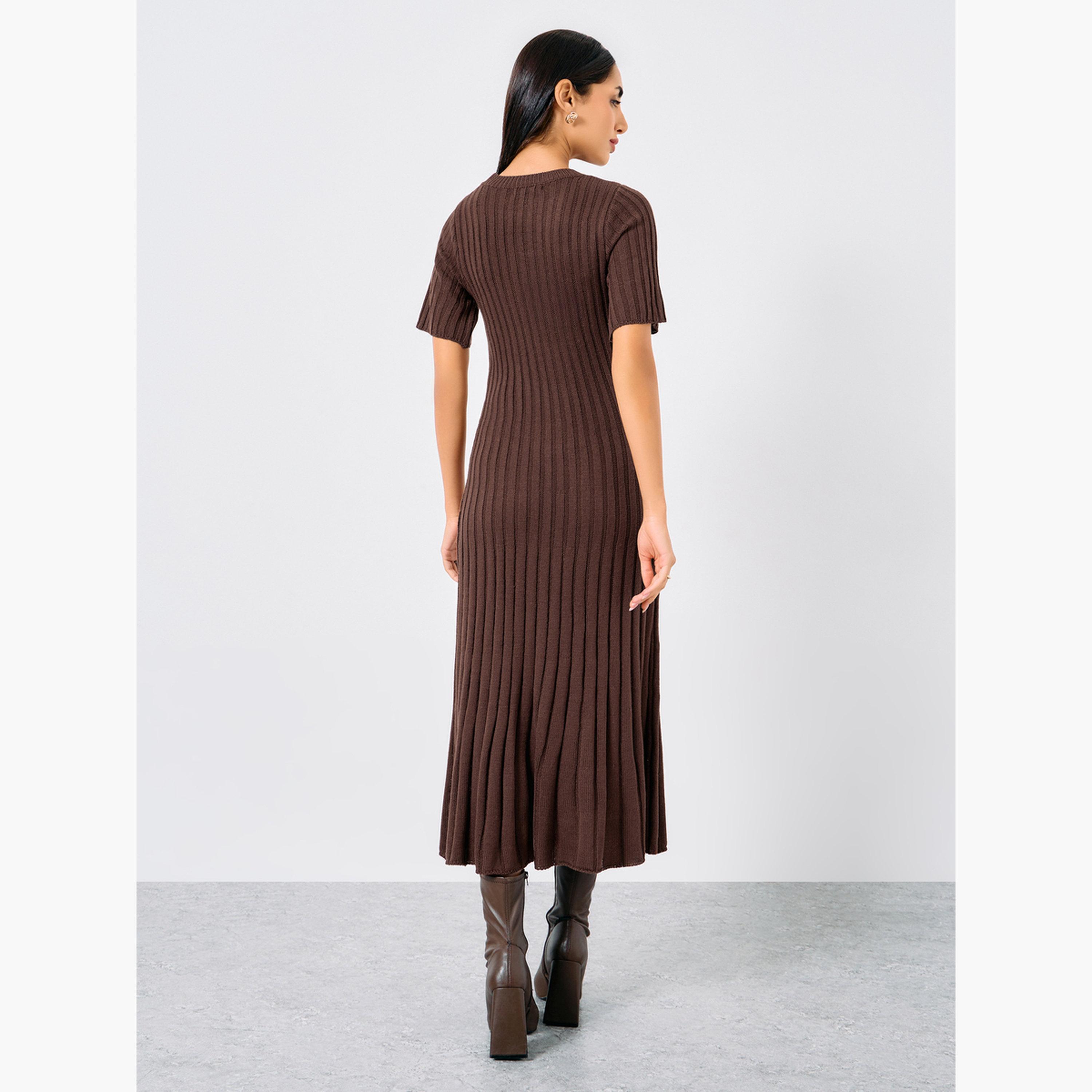 ستايلي - فستان متوسط ​​الطول من الصوف البني المطوي للنساء-women-clothing-dresses-image-3
