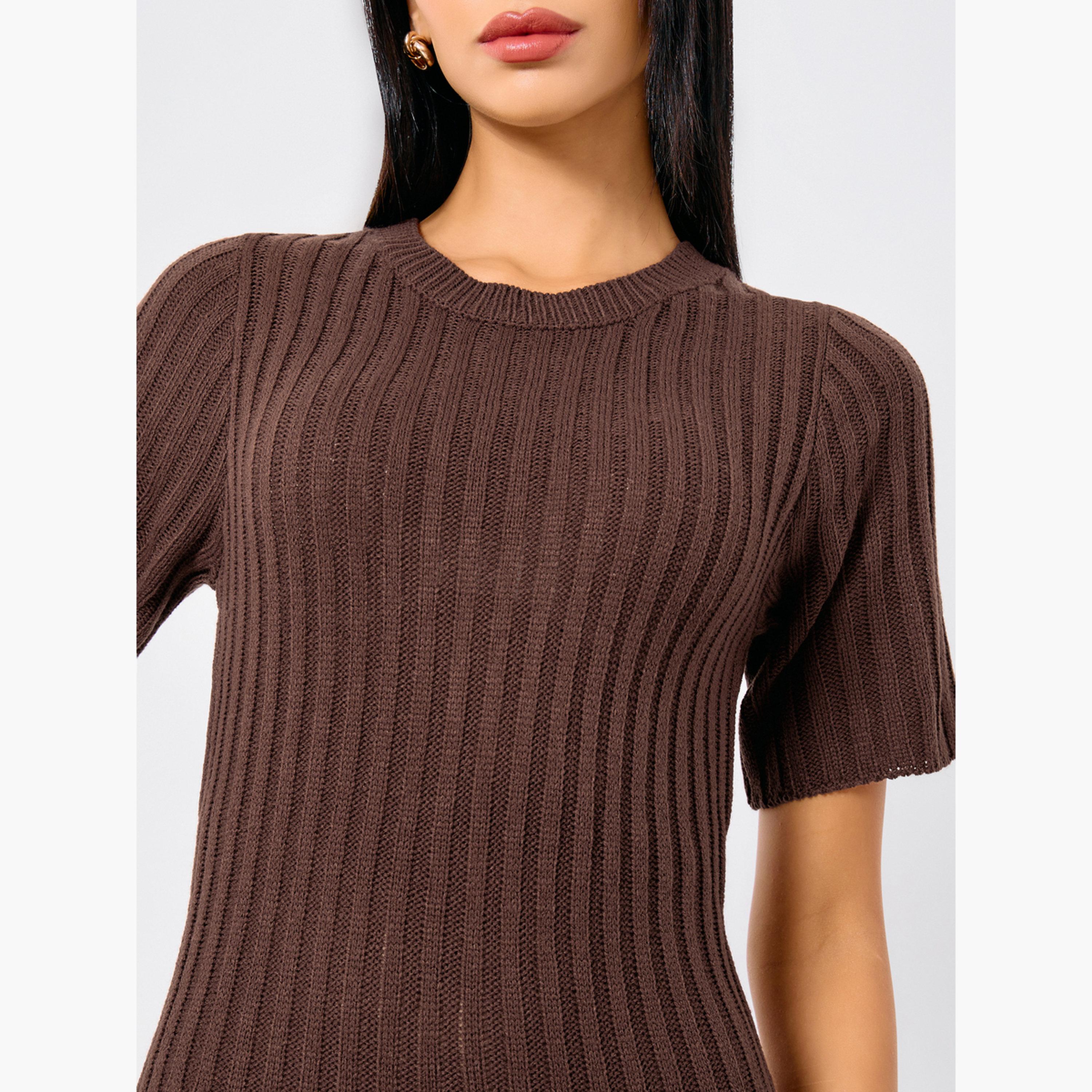 ستايلي - فستان متوسط ​​الطول من الصوف البني المطوي للنساء-women-clothing-dresses-image-4