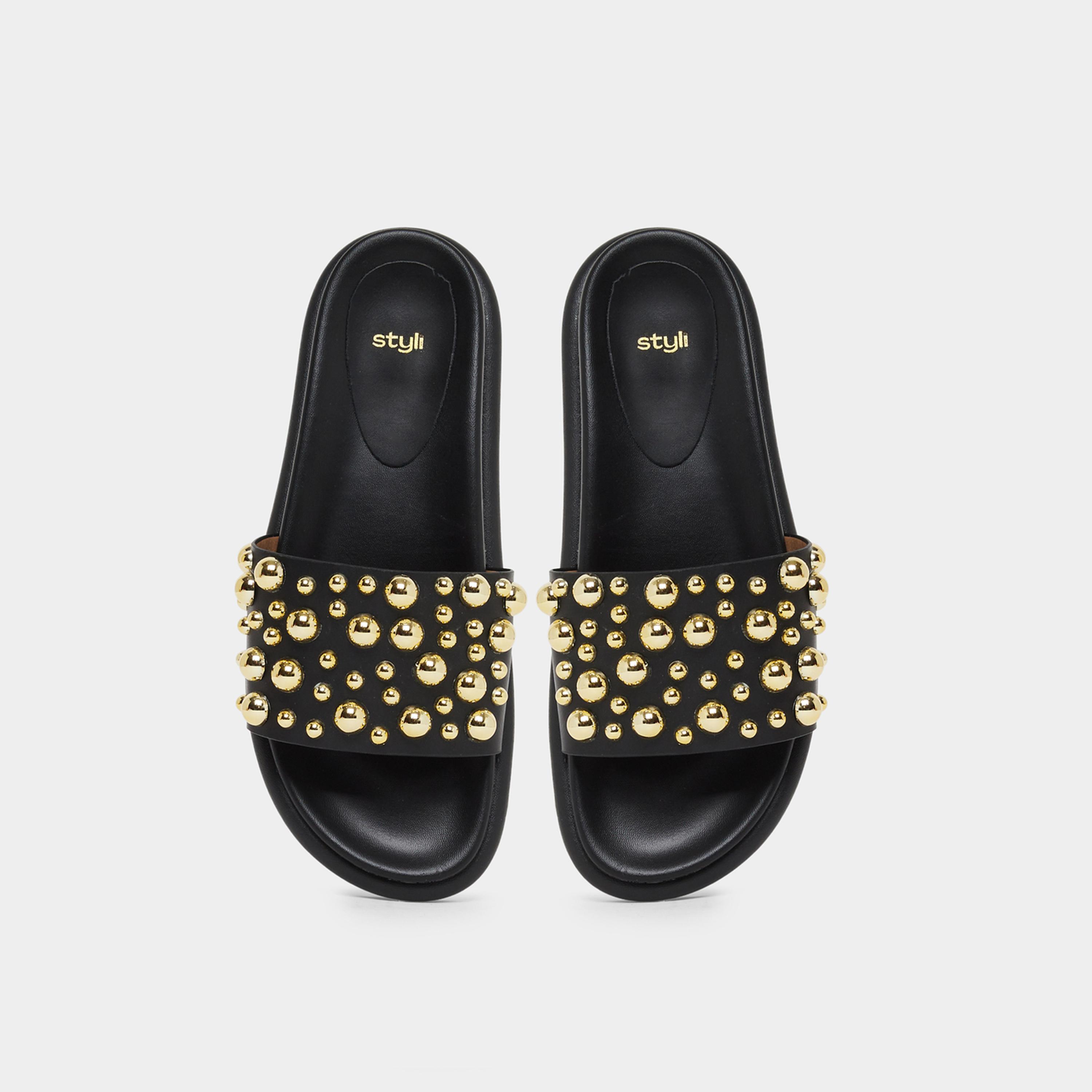 ستايلي - شبشب نسائي أسود مرصع بالمسامير-women-shoes-flats-slides-image-6