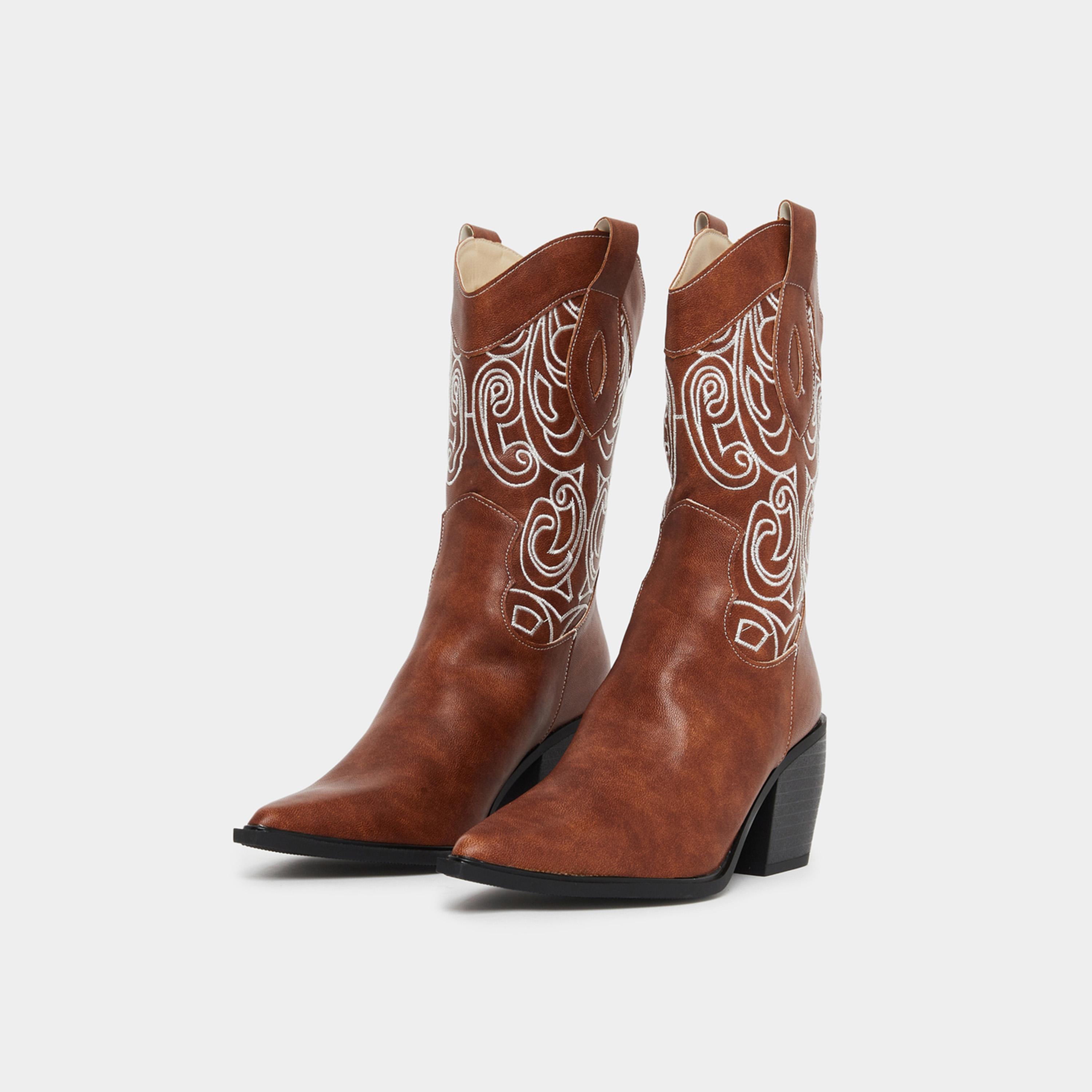 Styli Women Brown Embroidered Cowboy Boots-women-shoes-boots-image-1