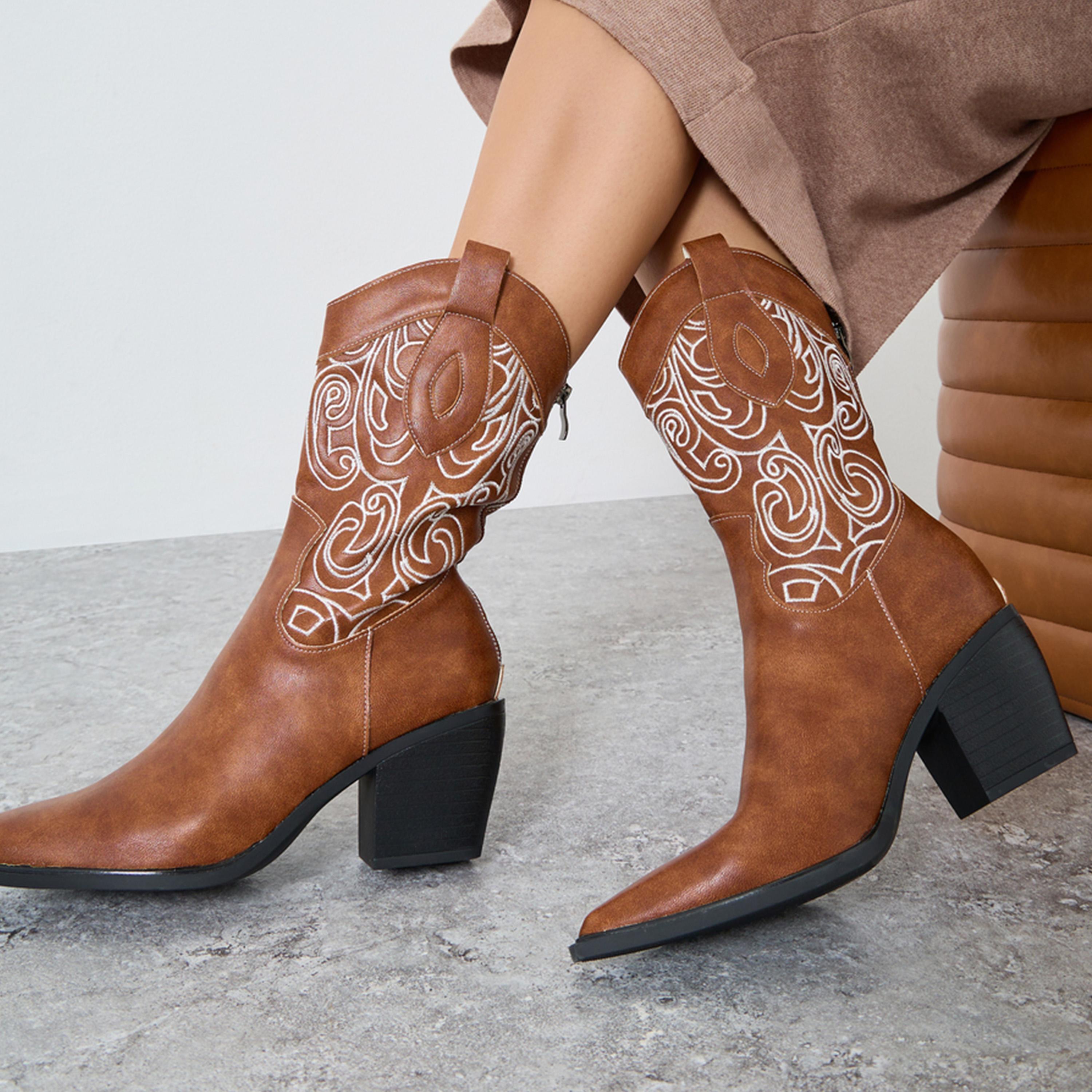 ستايلي - حذاء رعاة البقر بني مطرز للنساء-women-shoes-boots-image-2