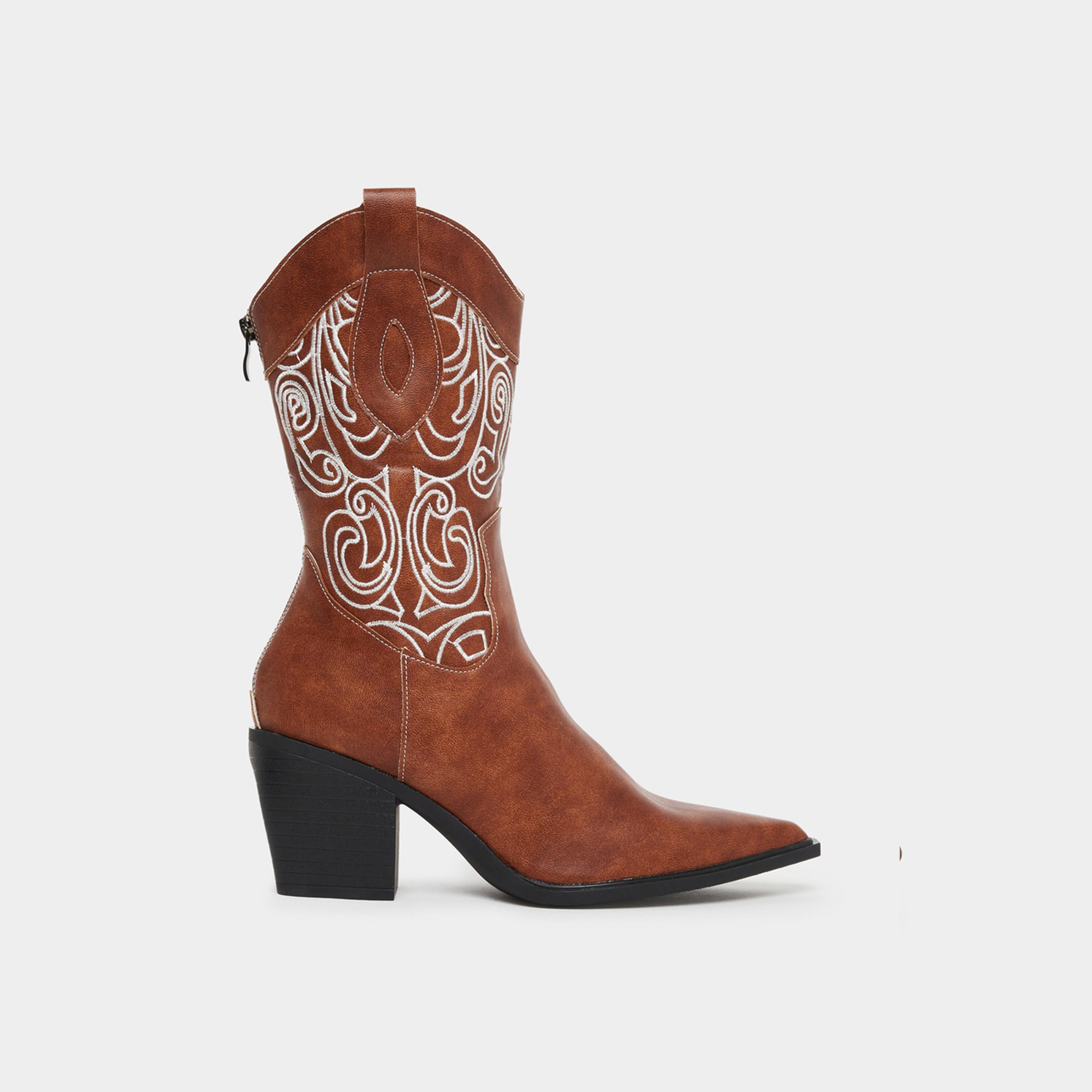ستايلي - حذاء رعاة البقر بني مطرز للنساء-women-shoes-boots-image-3