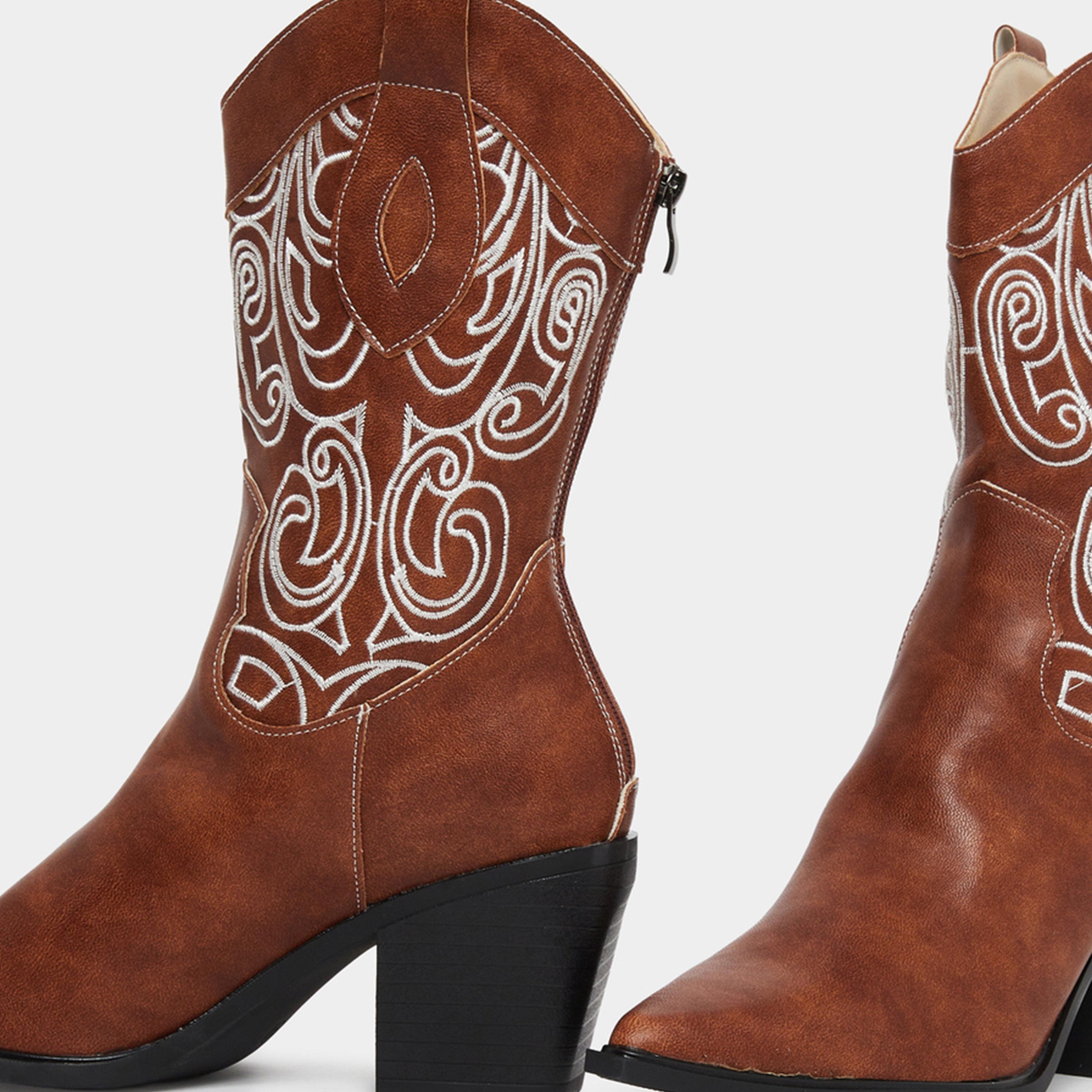 Styli Women Brown Embroidered Cowboy Boots-women-shoes-boots-image-5