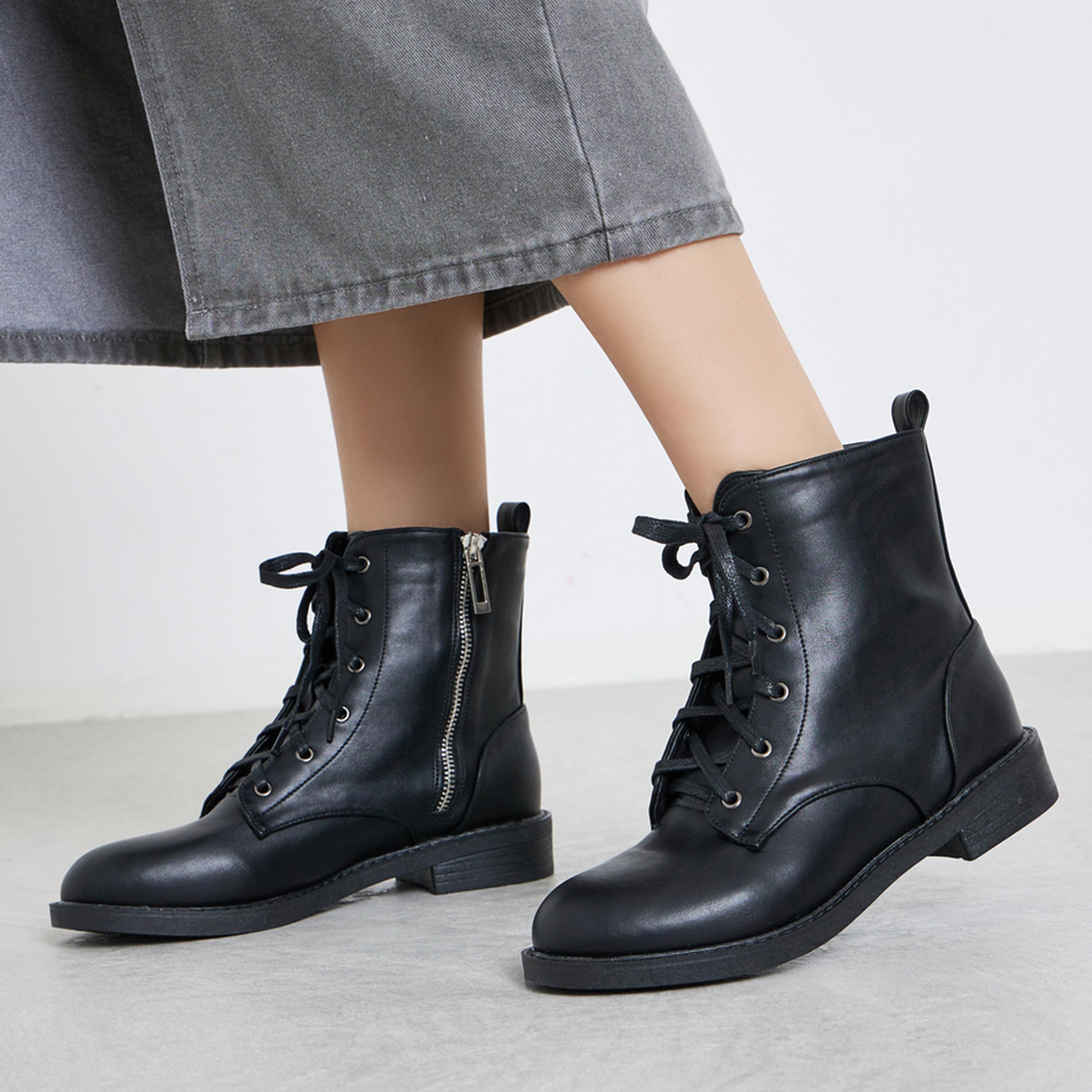Styli Women Black Lace Up Ankle Boots with Half-Zip-women-shoes-boots-image-2