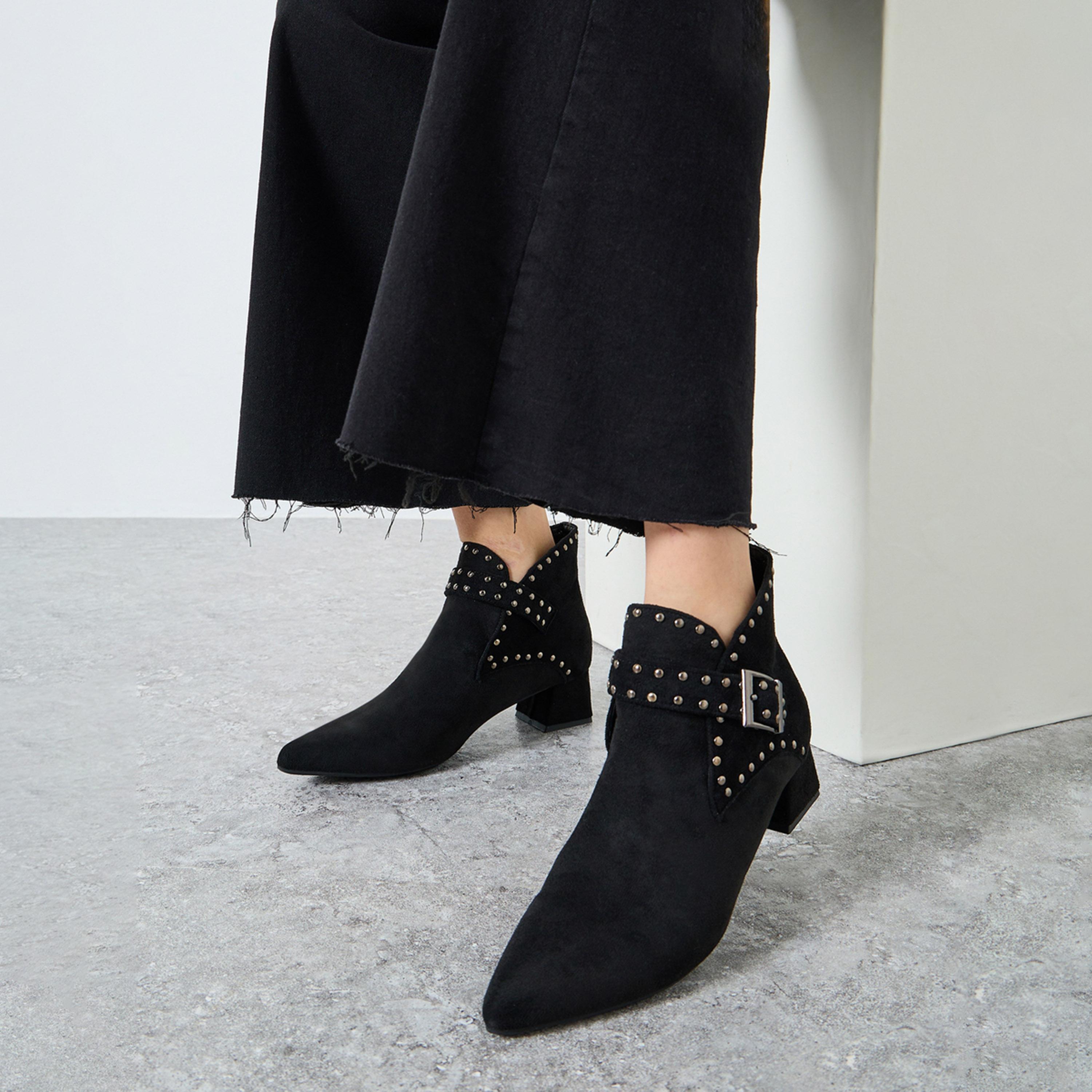 Styli Women Black Studded Buckle Ankle Boots-women-shoes-boots-image-2