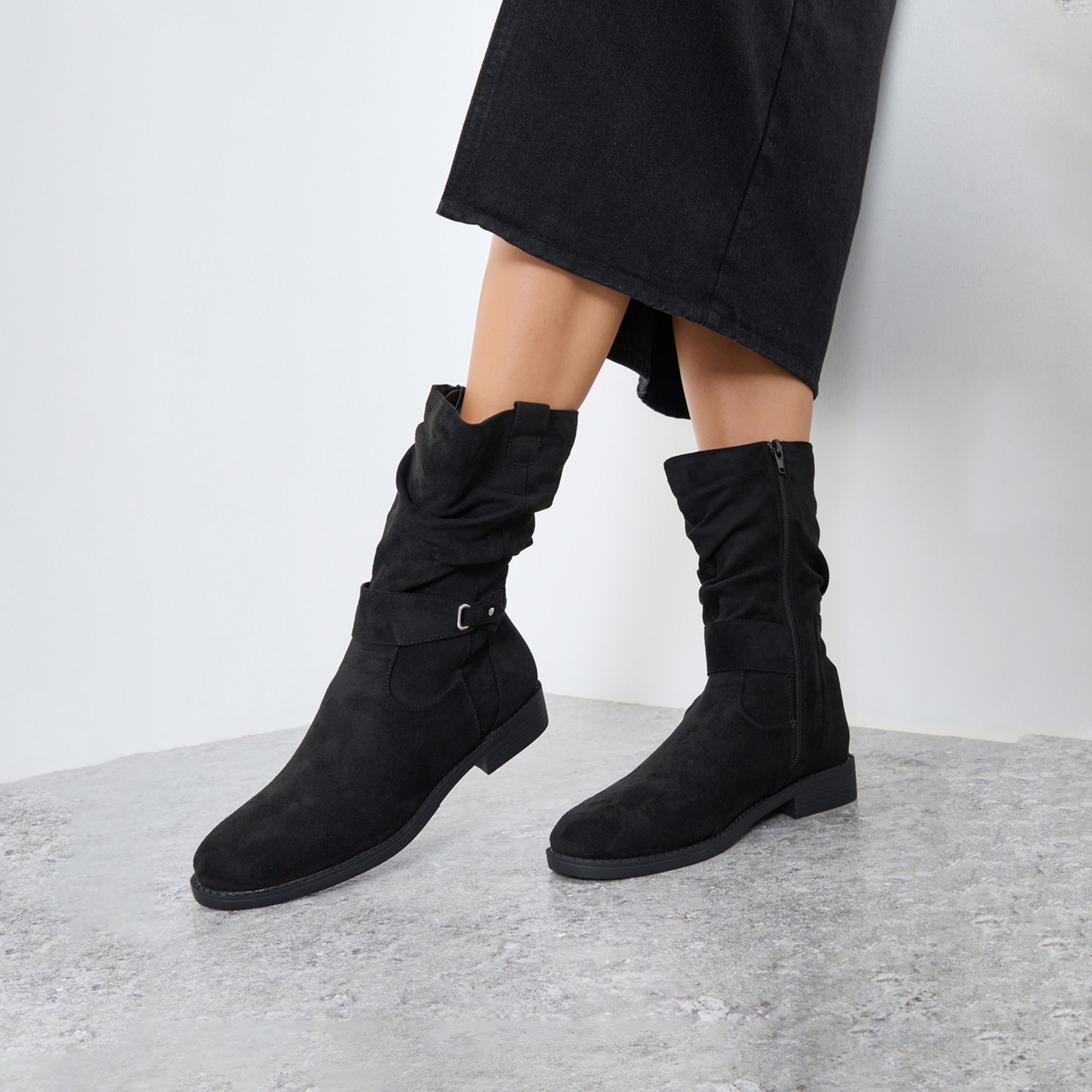 Styli Black Suede Look Buckle Detail Boots-women-shoes-boots-image-2