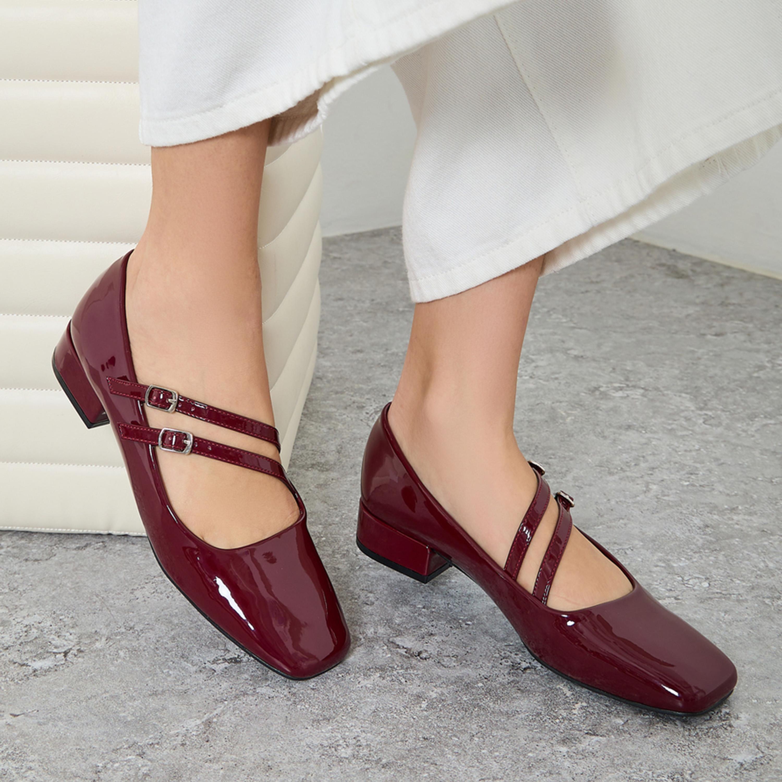 ستايلي - حذاء ماري جين برغندي لامع بمقدمة مربعة للنساء-women-shoes-flats-ballerinas-image-2