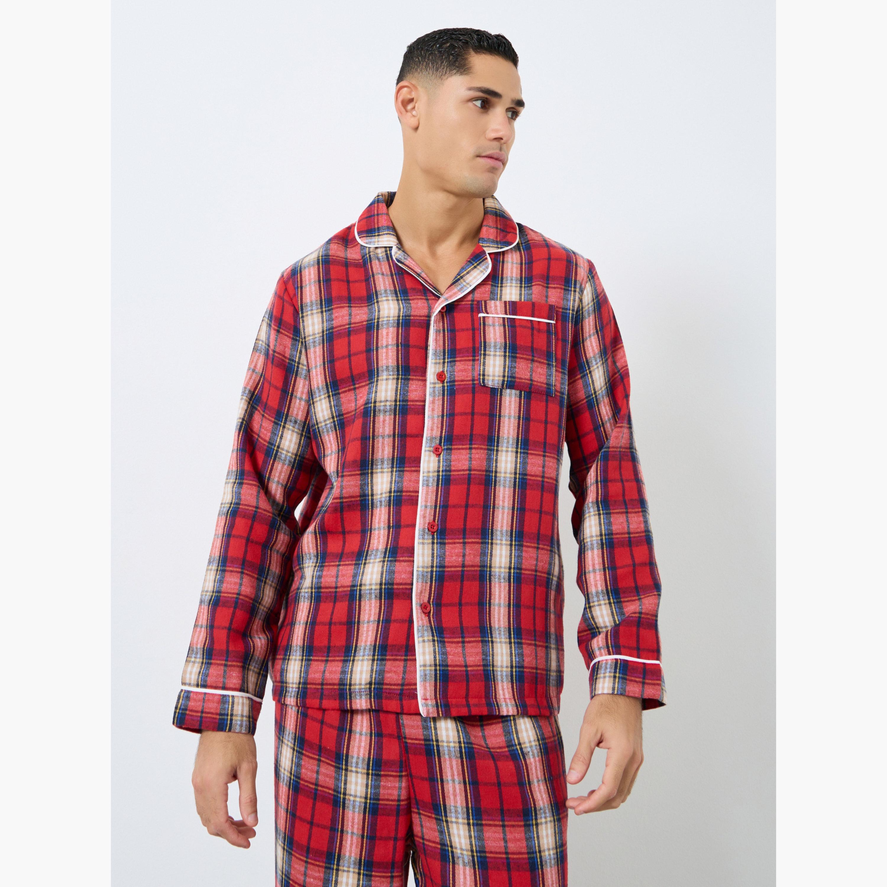 Styli Family Pyjamas - Men Check Pocket Piped Shirt and Pyjama Set-men-clothing-nightwear-sets-image-2