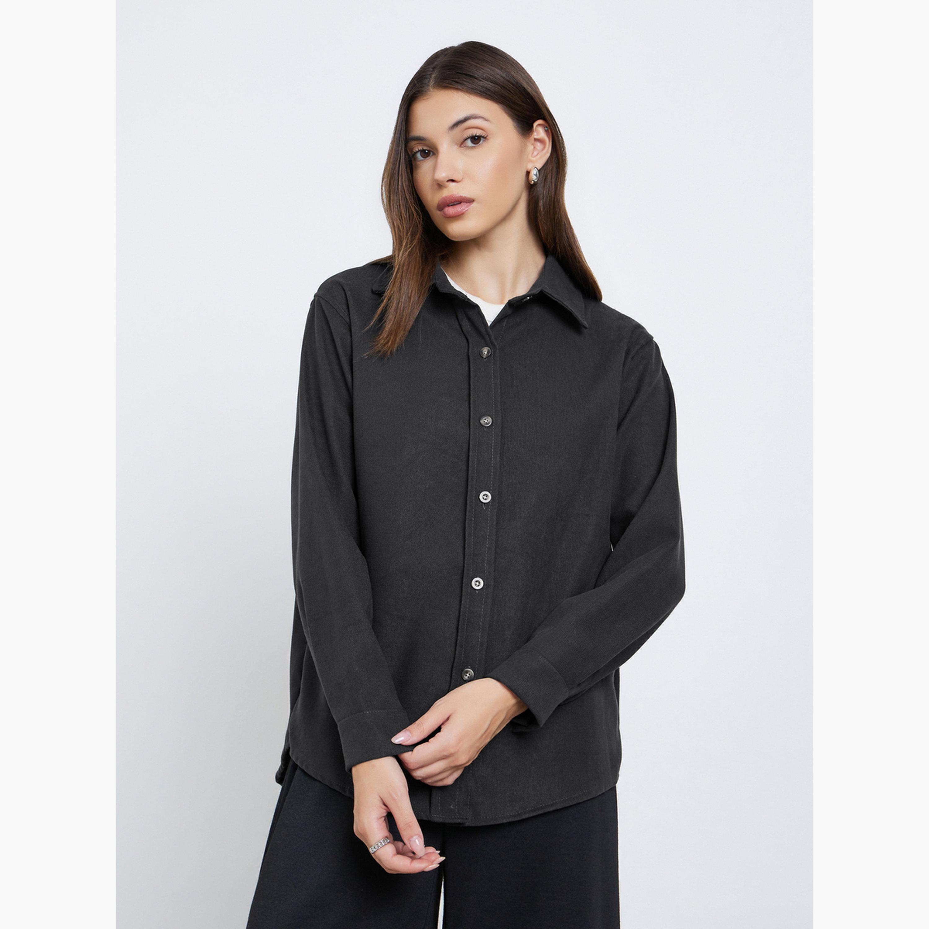 Styli Black Oversized Corduroy Shirt-women-clothing-shirtsandblouses-shirts-image-3
