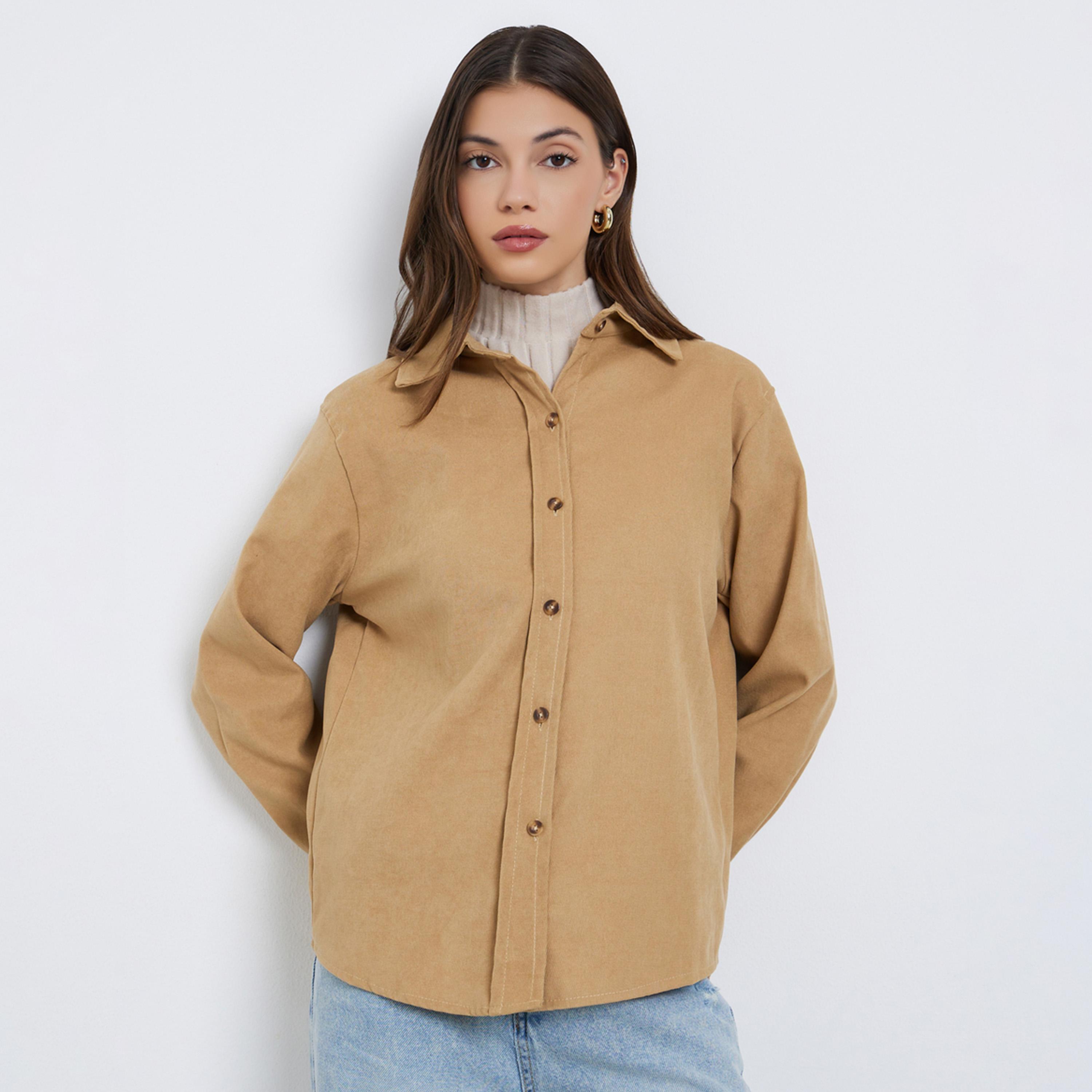 ستايلي - قميص مخملي حجم كبير لون بني-women-clothing-shirtsandblouses-shirts-image-1