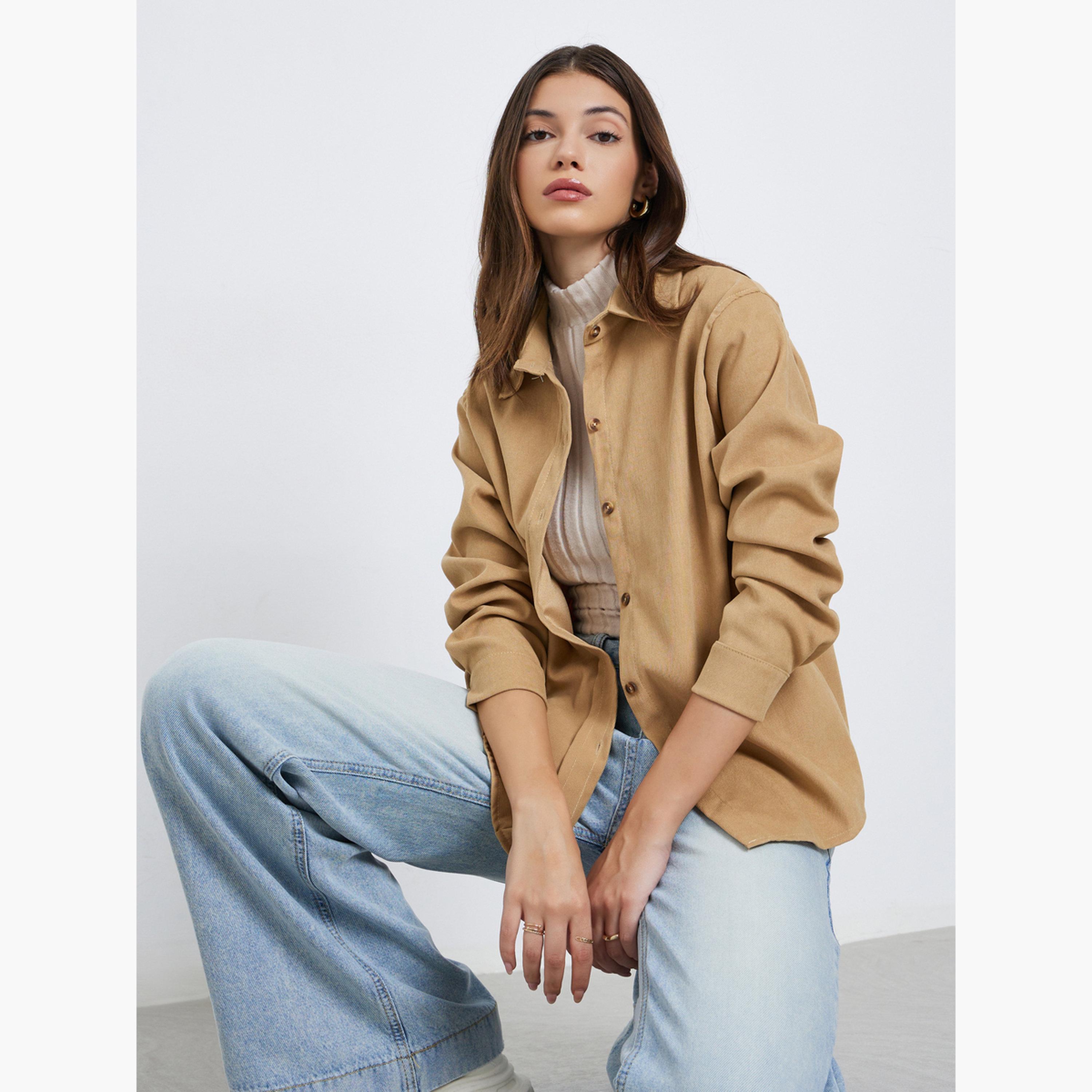 ستايلي - قميص مخملي حجم كبير لون بني-women-clothing-shirtsandblouses-shirts-image-3
