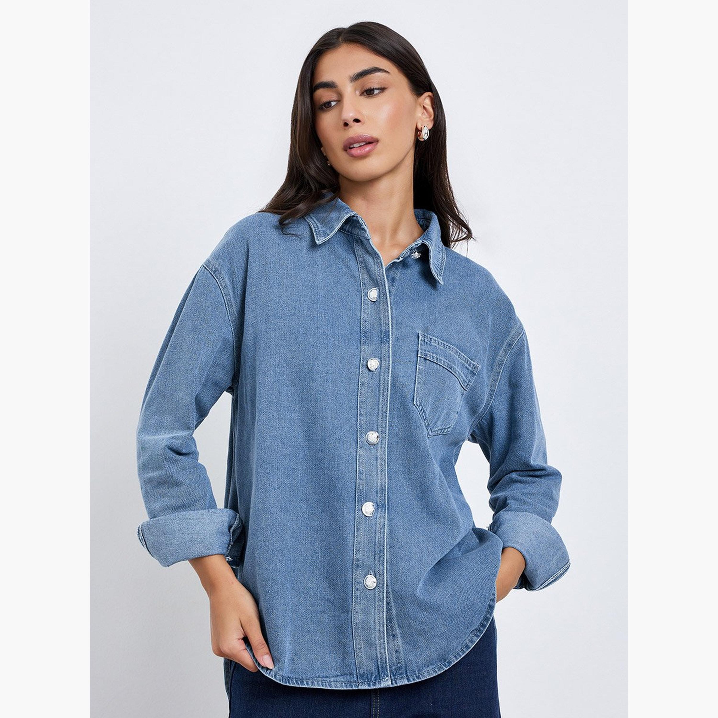 Styli Blue Longline Denim Shirt-women-clothing-shirtsandblouses-shirts-image-1
