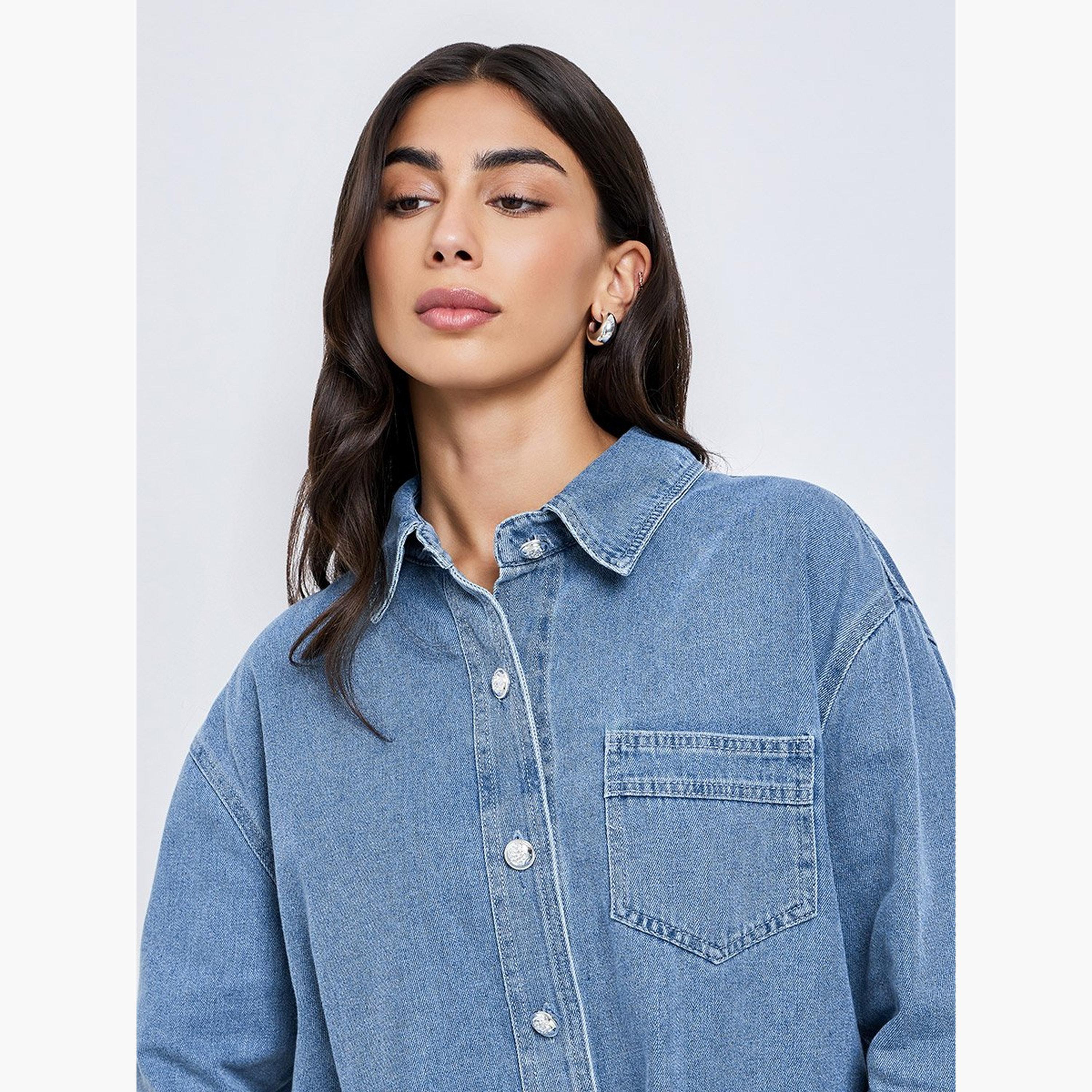 Styli Blue Longline Denim Shirt-women-clothing-shirtsandblouses-shirts-image-4