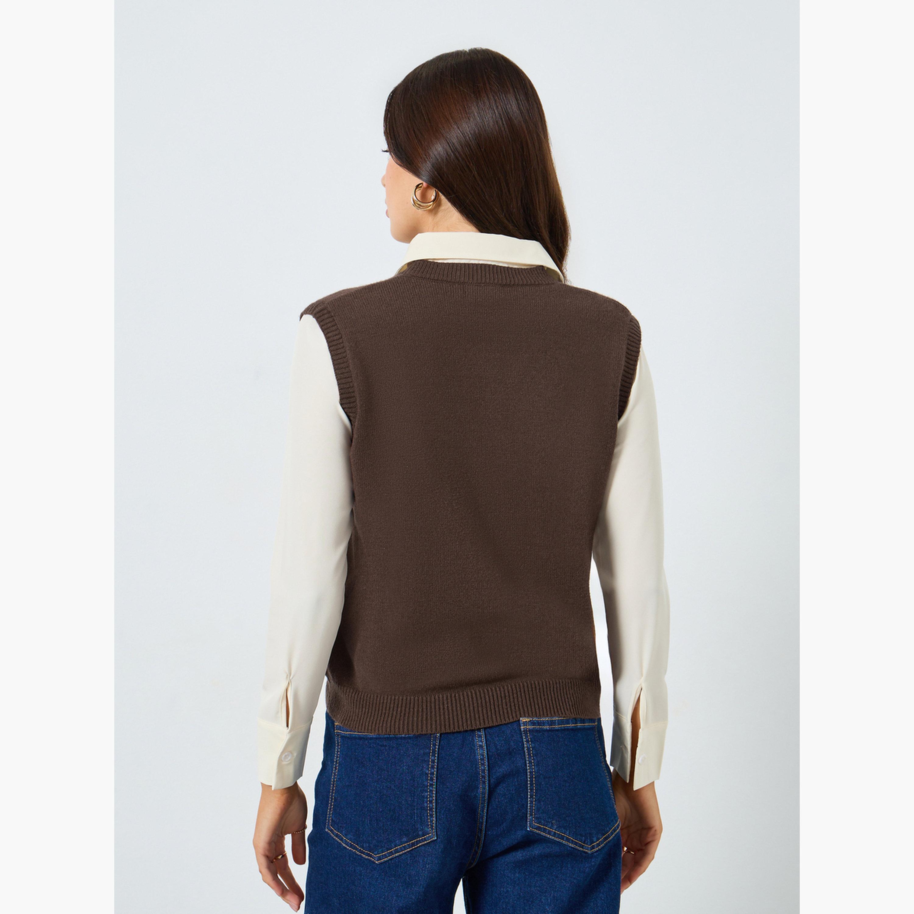 ستايلي - سترة بنية اللون مع قميص بأكمام طويلة للنساء-women-clothing-shirtsandblouses-shirts-image-4