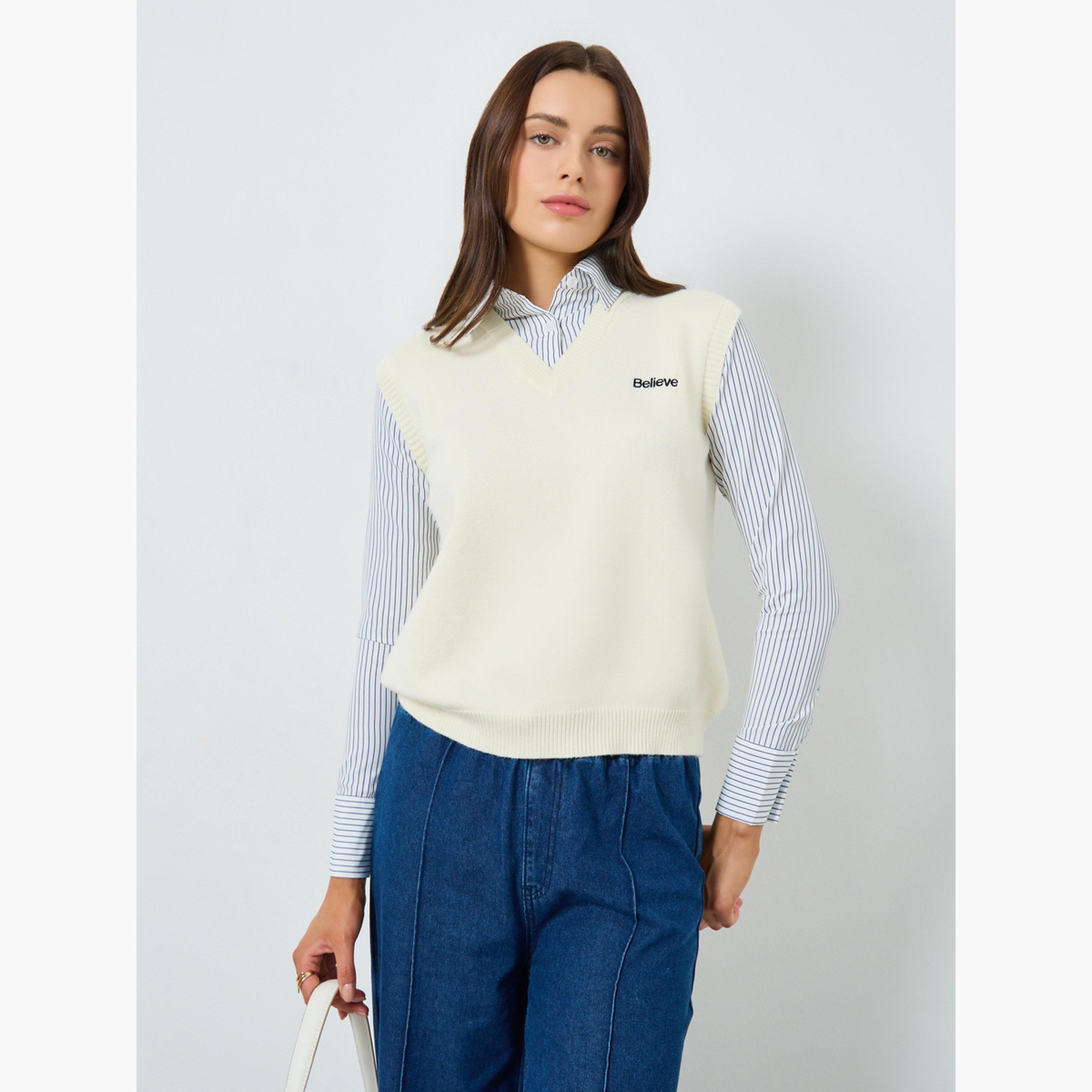 Styli Women Off White Long Sleeve Shirt with Vest-women-clothing-shirtsandblouses-shirts-image-1