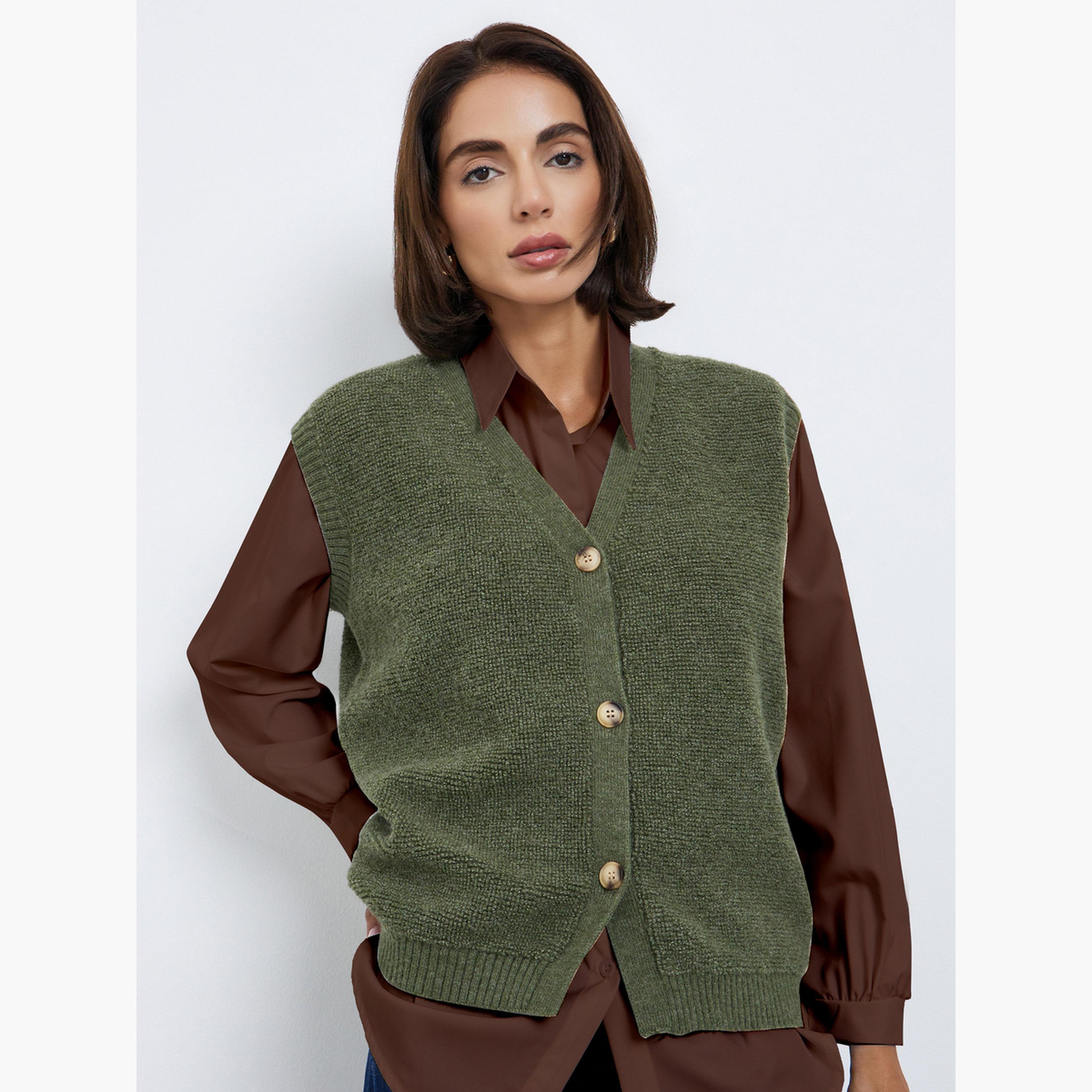 Styli Women Olive Fleece Knit Sleeveless Vest-women-clothing-tshirts-image-1
