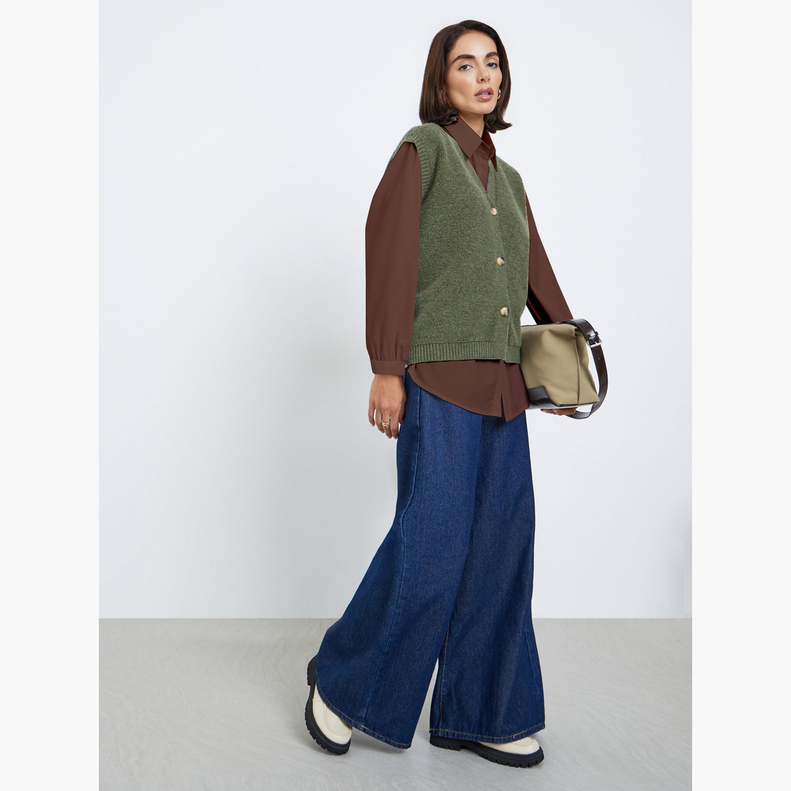 Styli Women Olive Fleece Knit Sleeveless Vest-women-clothing-tshirts-image-2