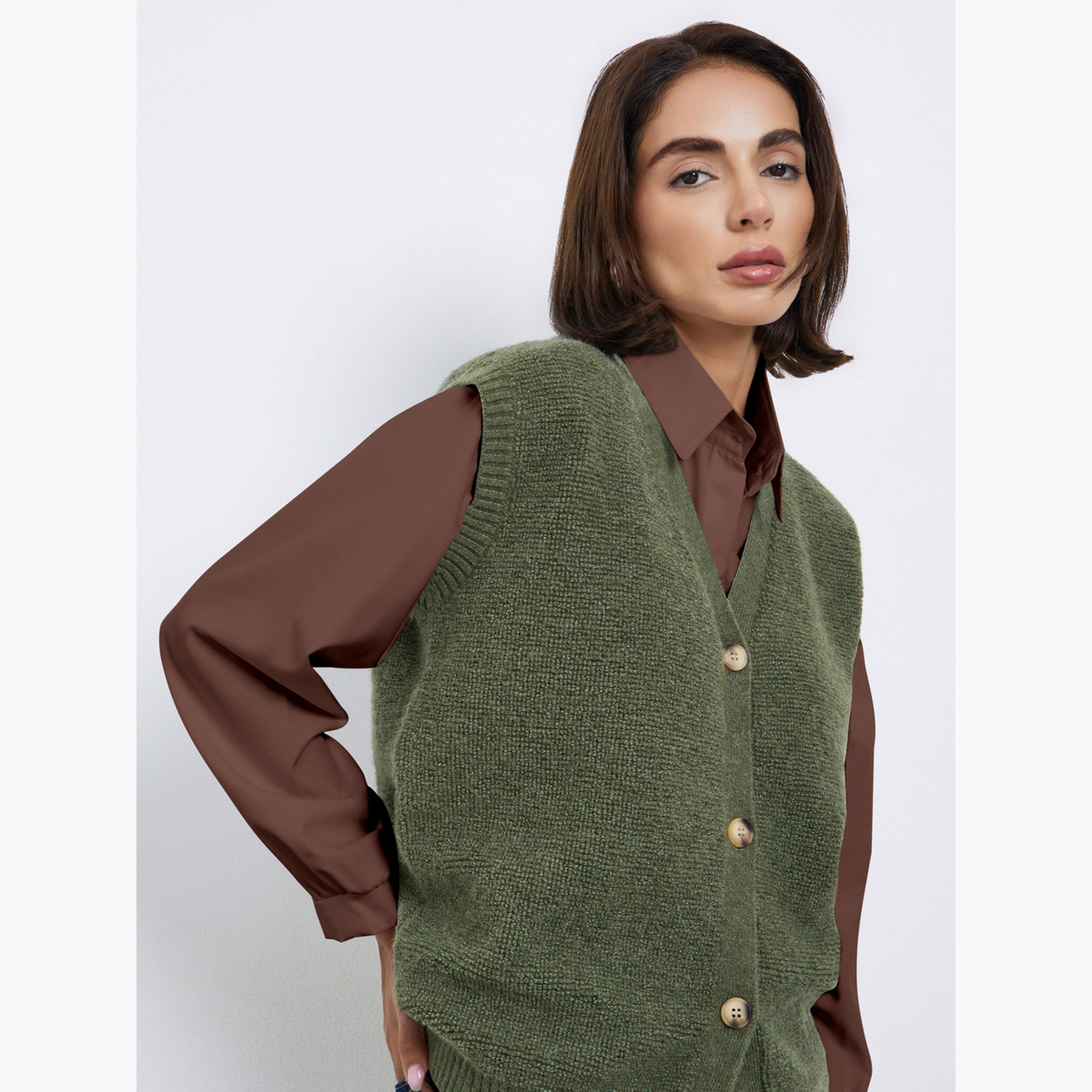 ستايلي - سترة بدون أكمام من الصوف الزيتوني المحبوك للنساء-women-clothing-tshirts-image-3