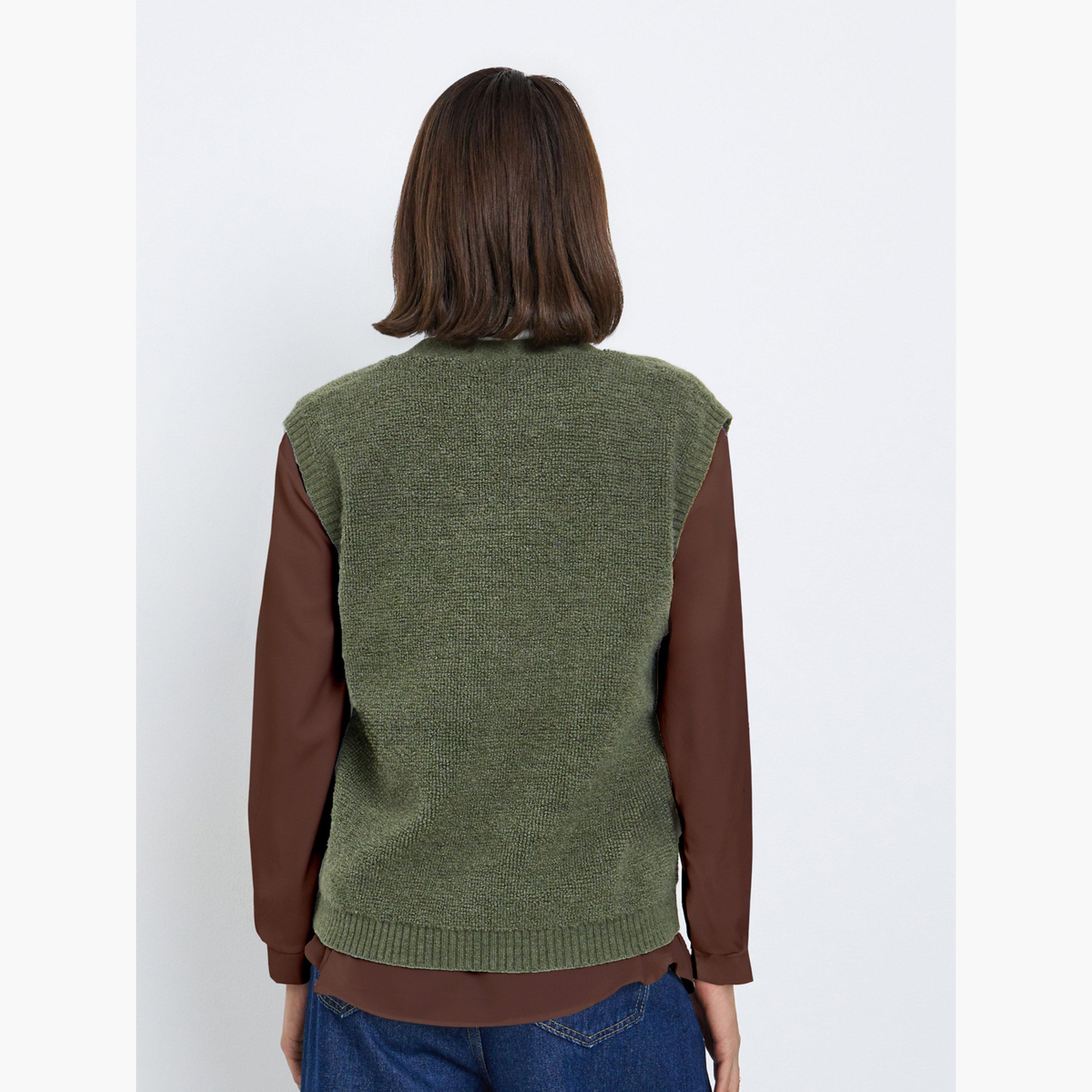 Styli Women Olive Fleece Knit Sleeveless Vest-women-clothing-tshirts-image-4