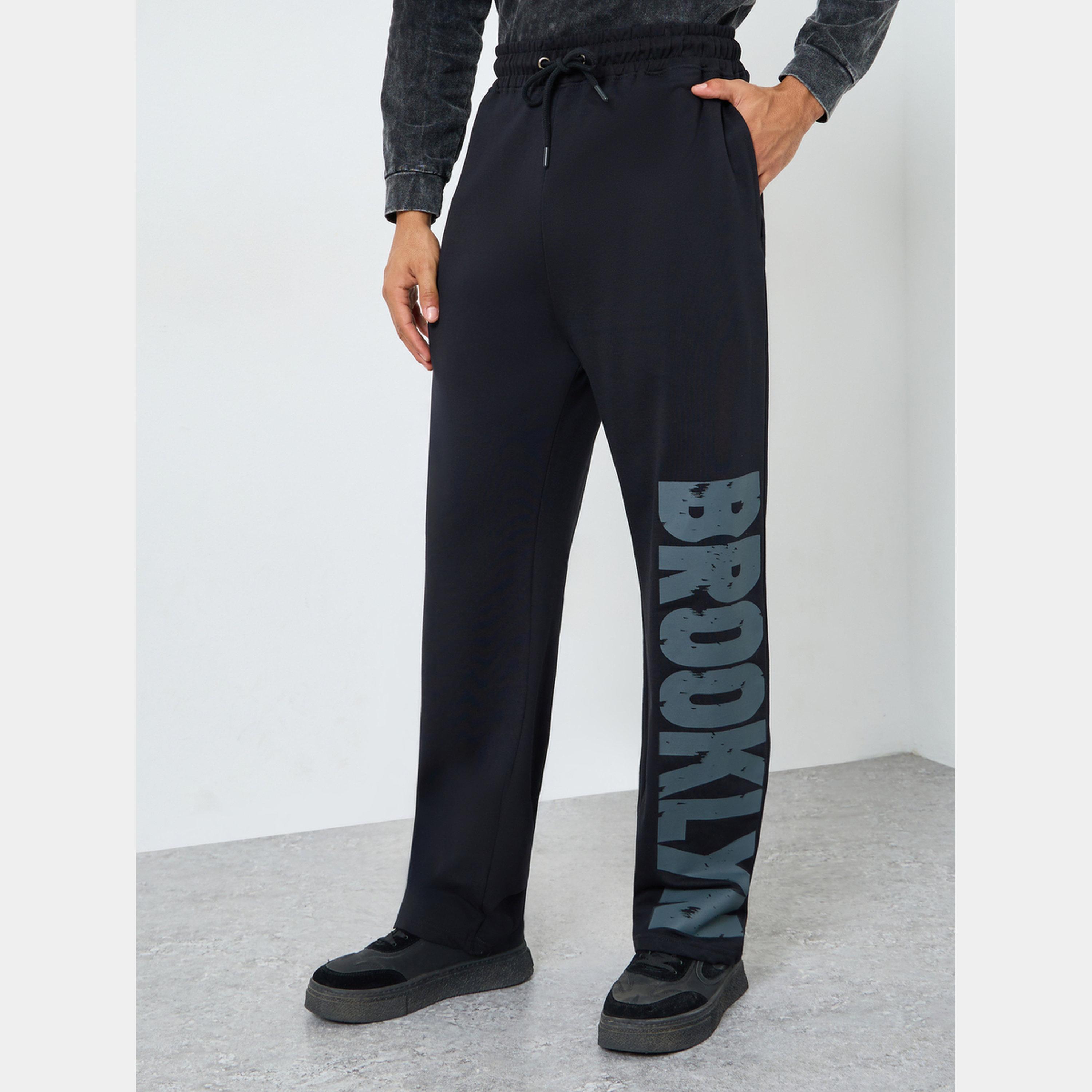Styli Men Black Brooklyn Slogan Joggers-men-clothing-bottoms-joggers-image-1