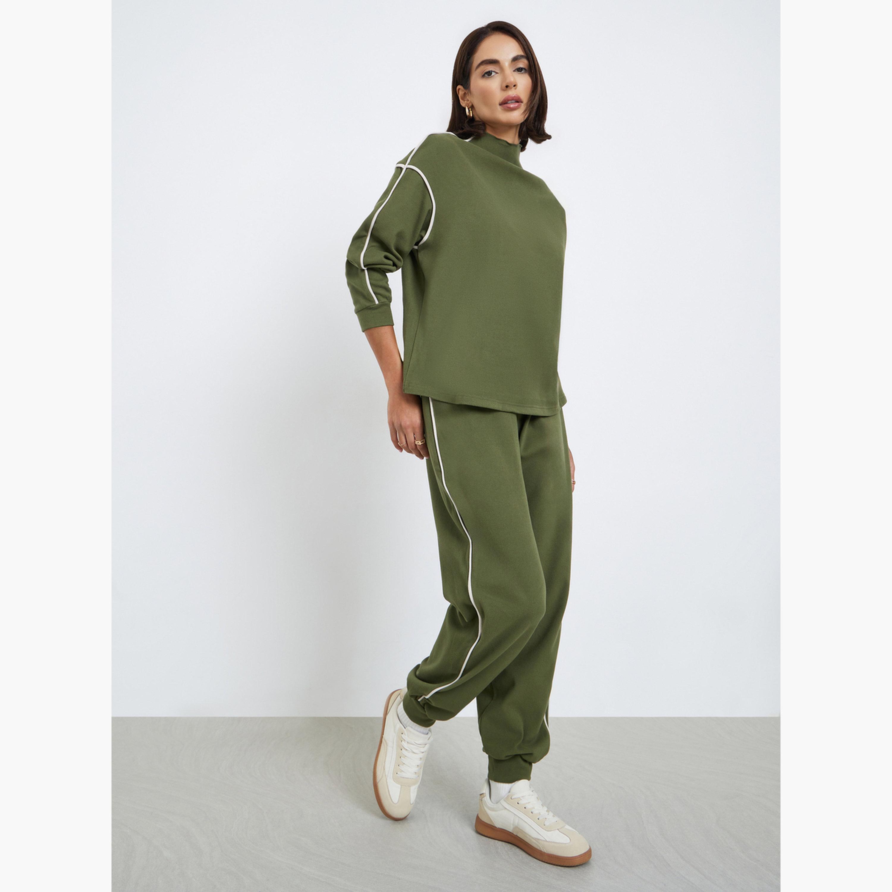 Styli Women Green Plain Relaxed Fit Joggers with Piping Detail-women-clothing-bottoms-joggers-image-2