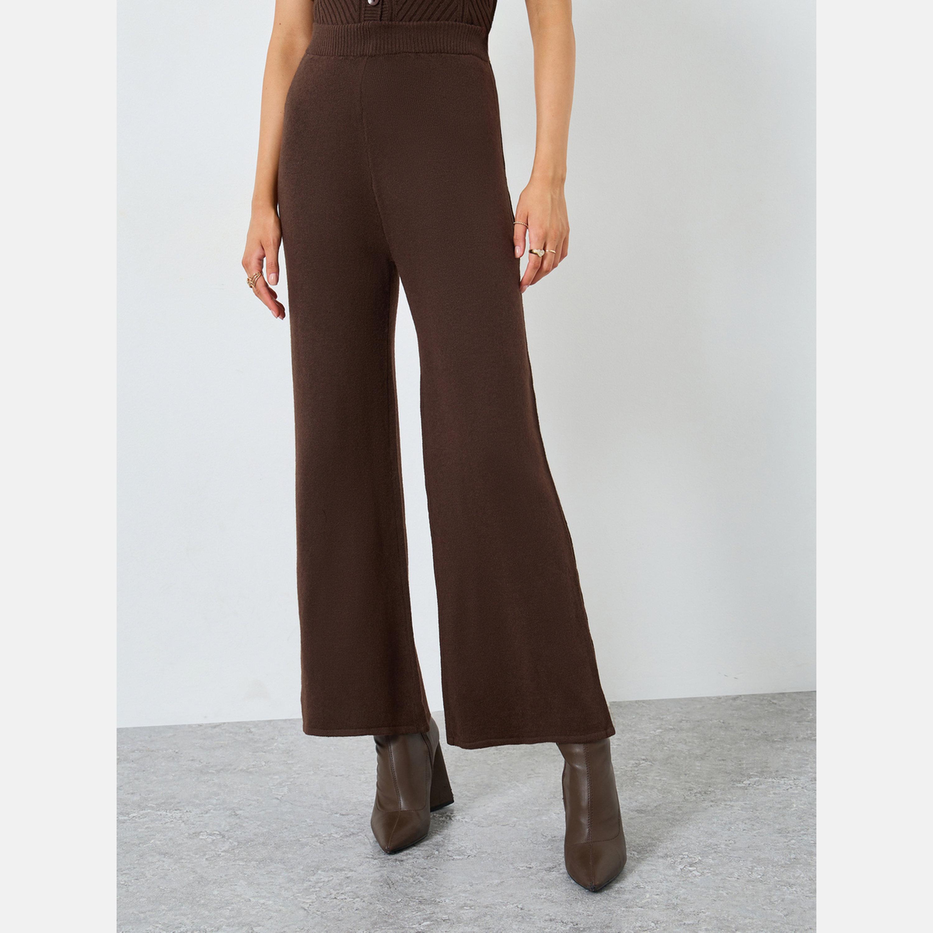 ستايلي - بنطال بني واسع من الأسفل محبوك ومسطح-women-clothing-bottoms-trousers-image-1