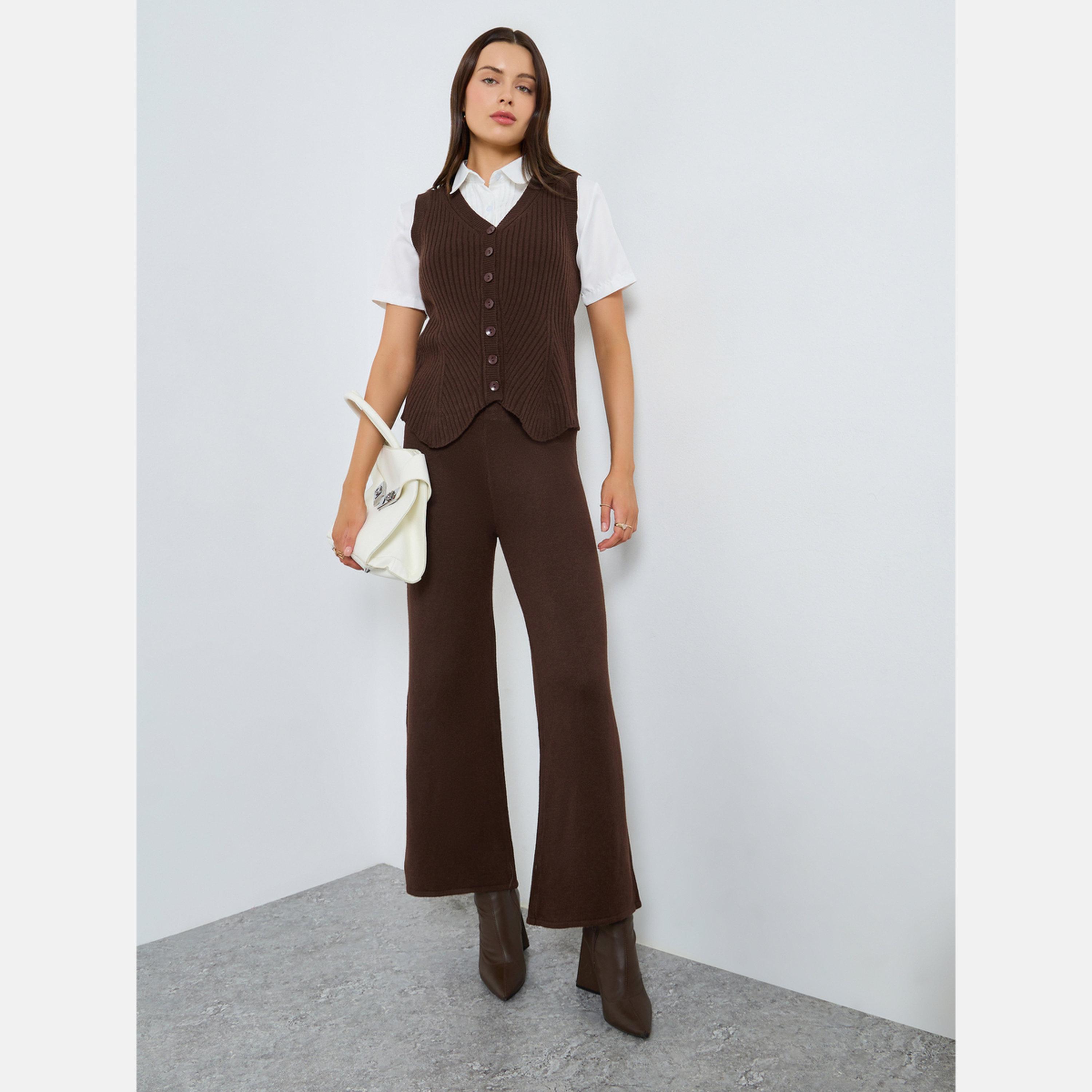 Styli Brown Flat Knit Flare Pants-women-clothing-bottoms-trousers-image-2