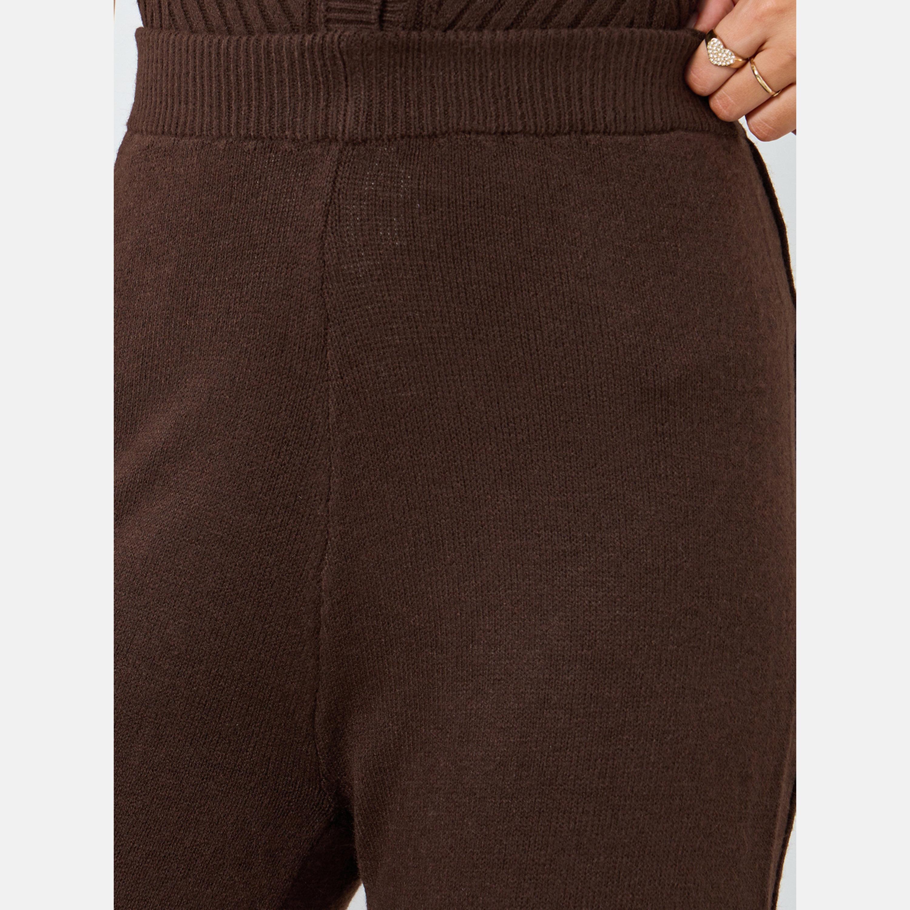 Styli Brown Flat Knit Flare Pants-women-clothing-bottoms-trousers-image-3
