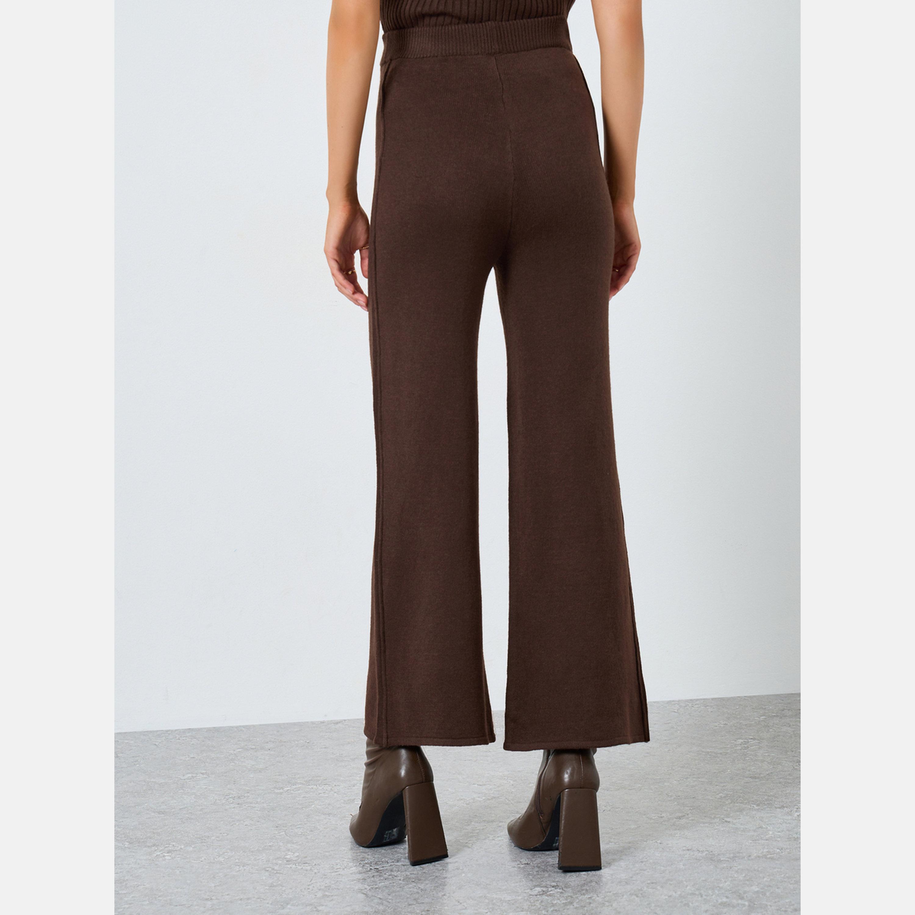 ستايلي - بنطال بني واسع من الأسفل محبوك ومسطح-women-clothing-bottoms-trousers-image-4