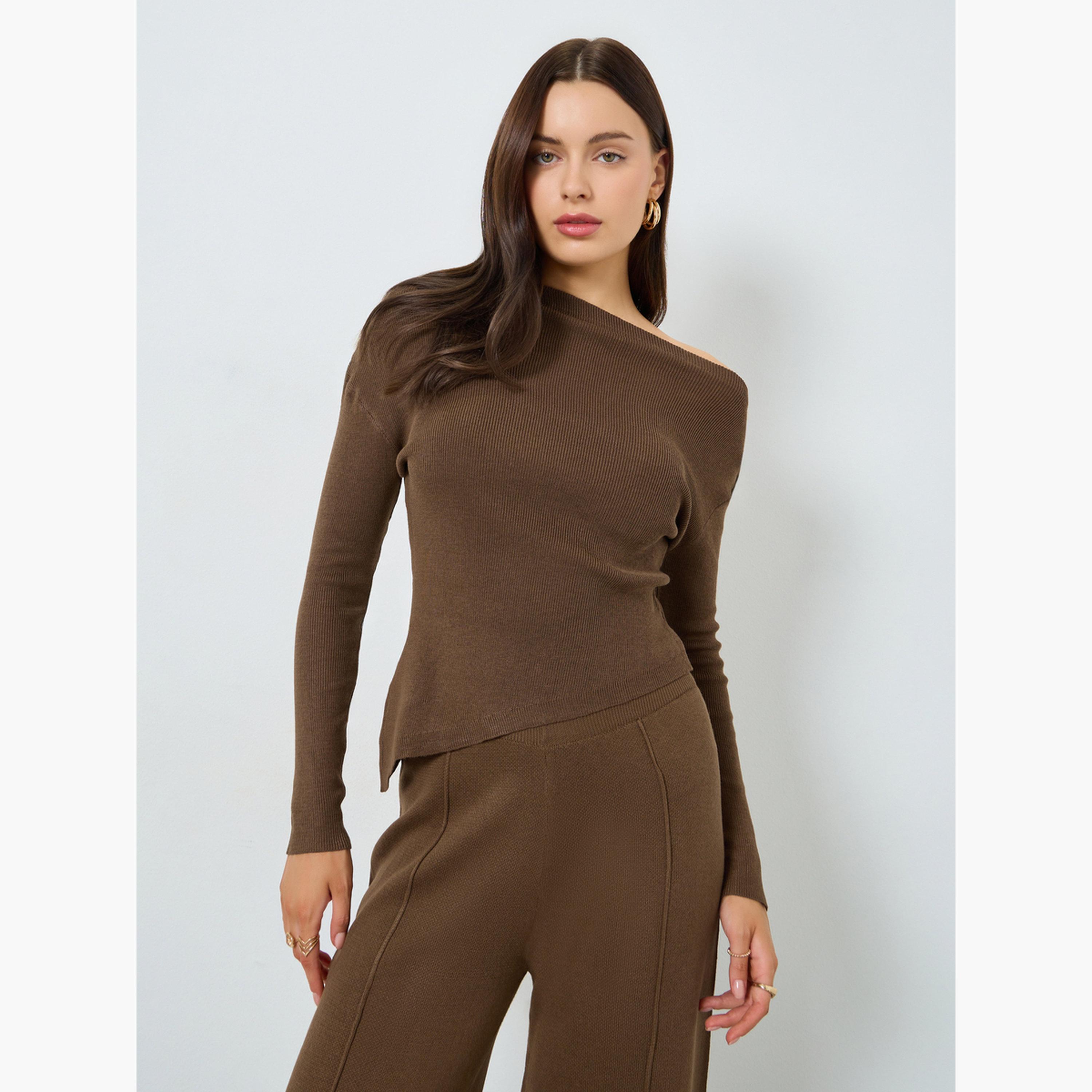 Styli Brown Knit One Shoulder Top-women-clothing-shirtsandblouses-blouses-image-1