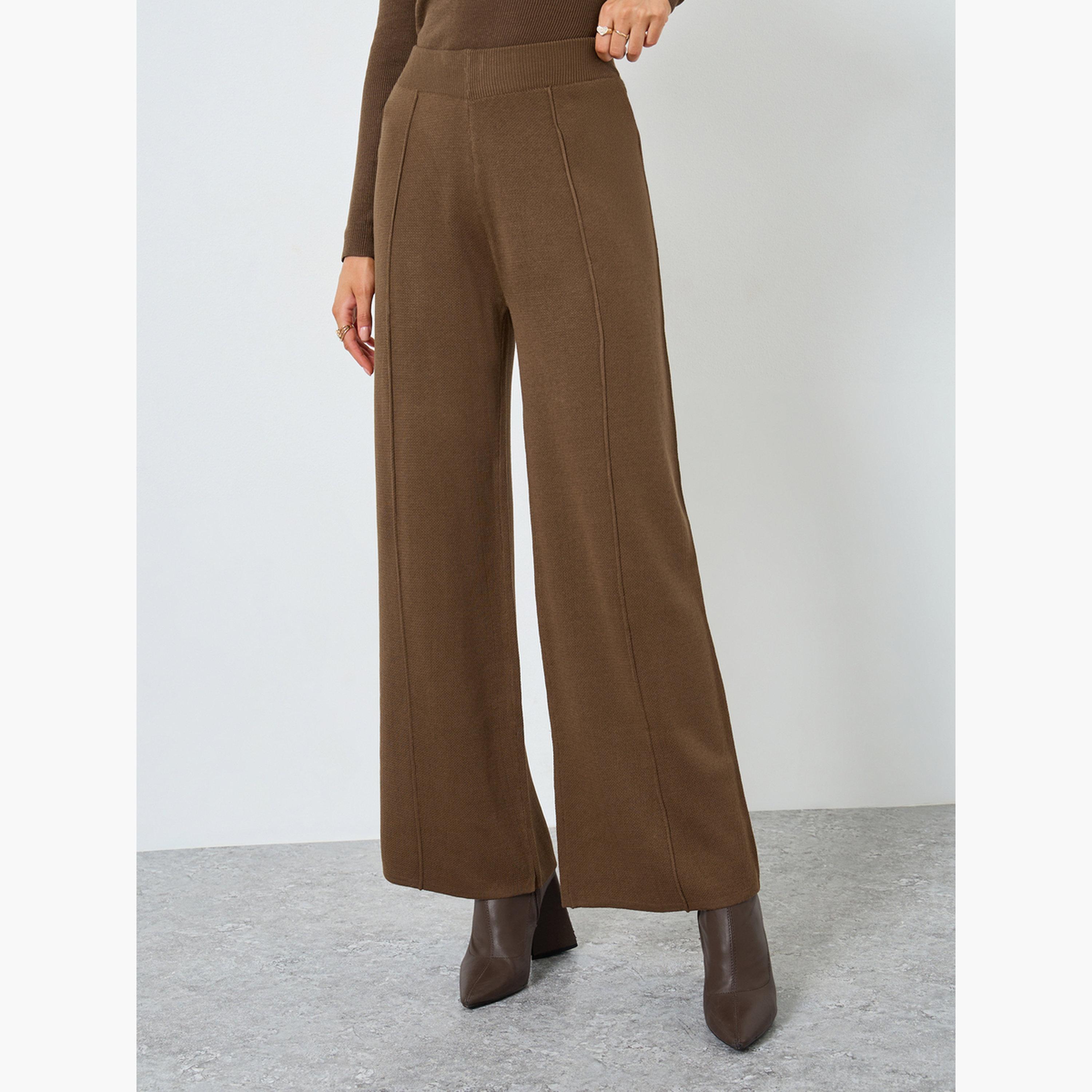 Styli Brown Wide Leg Flat Knit Pants-women-clothing-bottoms-trousers-image-1