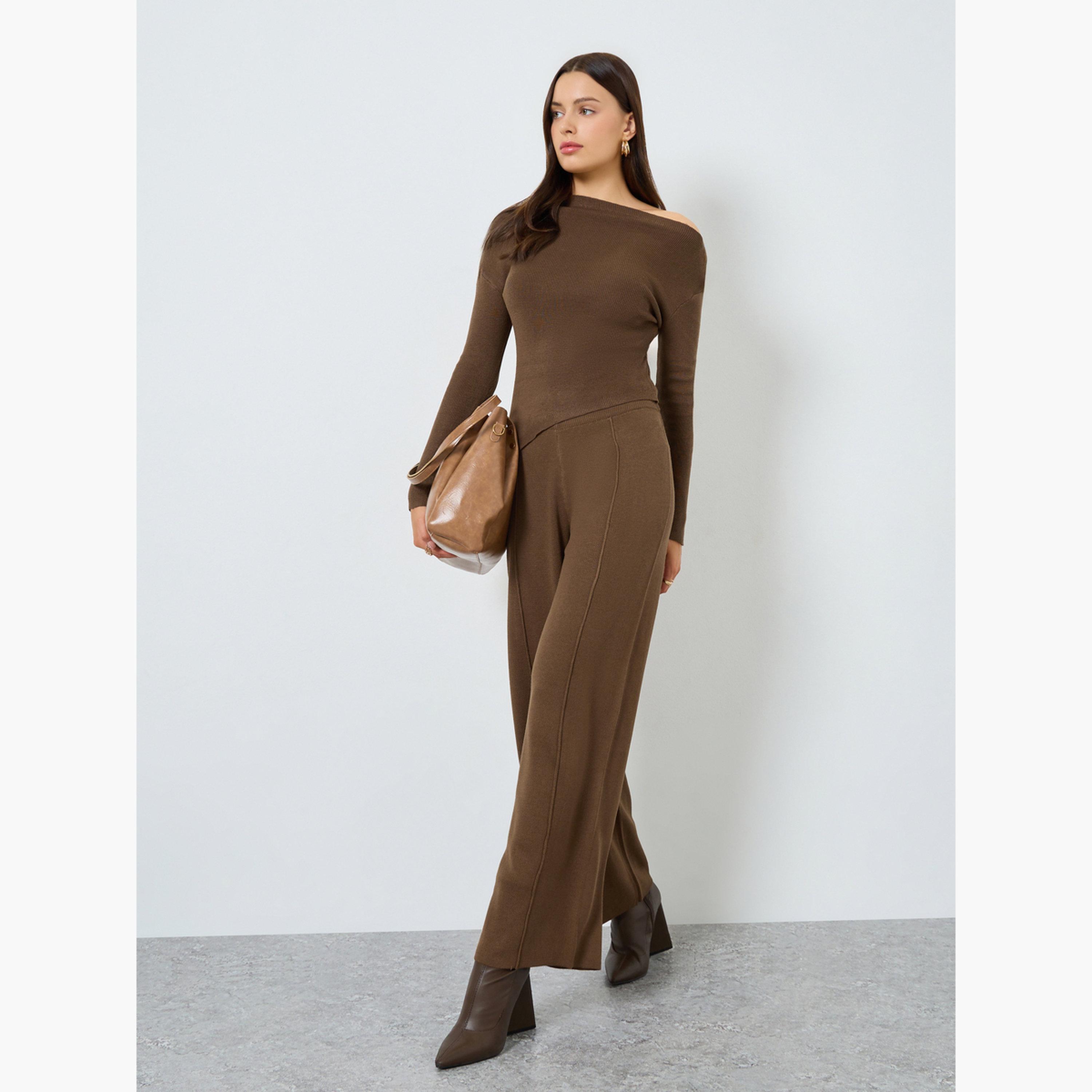 ستايلي - بنطال بني واسع الساق من قماش ناعم-women-clothing-bottoms-trousers-image-2