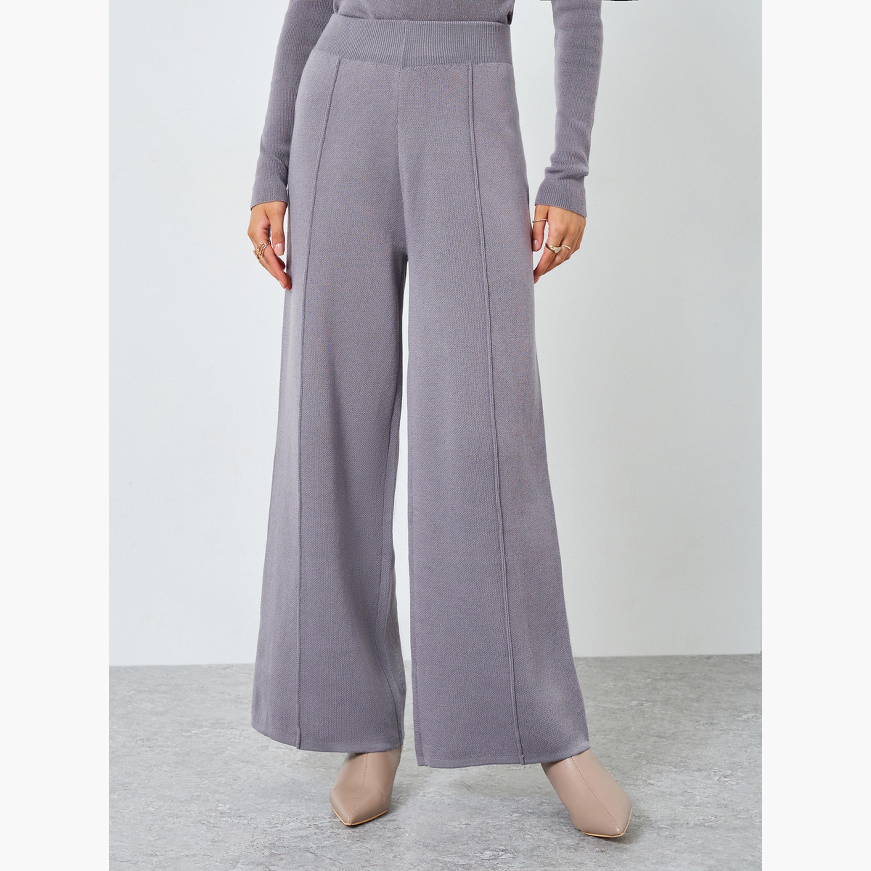 Styli Grey Wide Leg Flat Knit Pants-women-clothing-bottoms-trousers-image-1