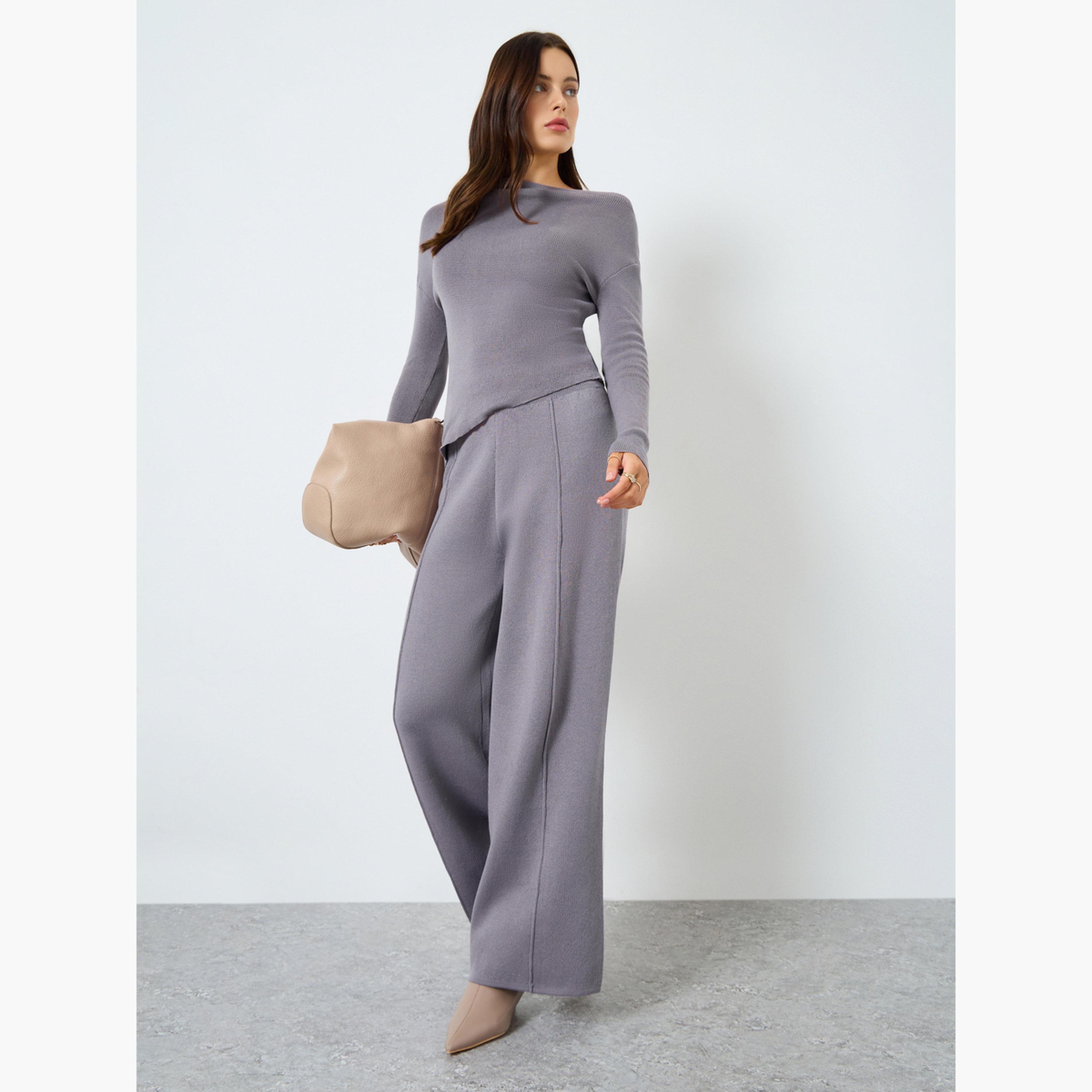 Styli Grey Wide Leg Flat Knit Pants-women-clothing-bottoms-trousers-image-2