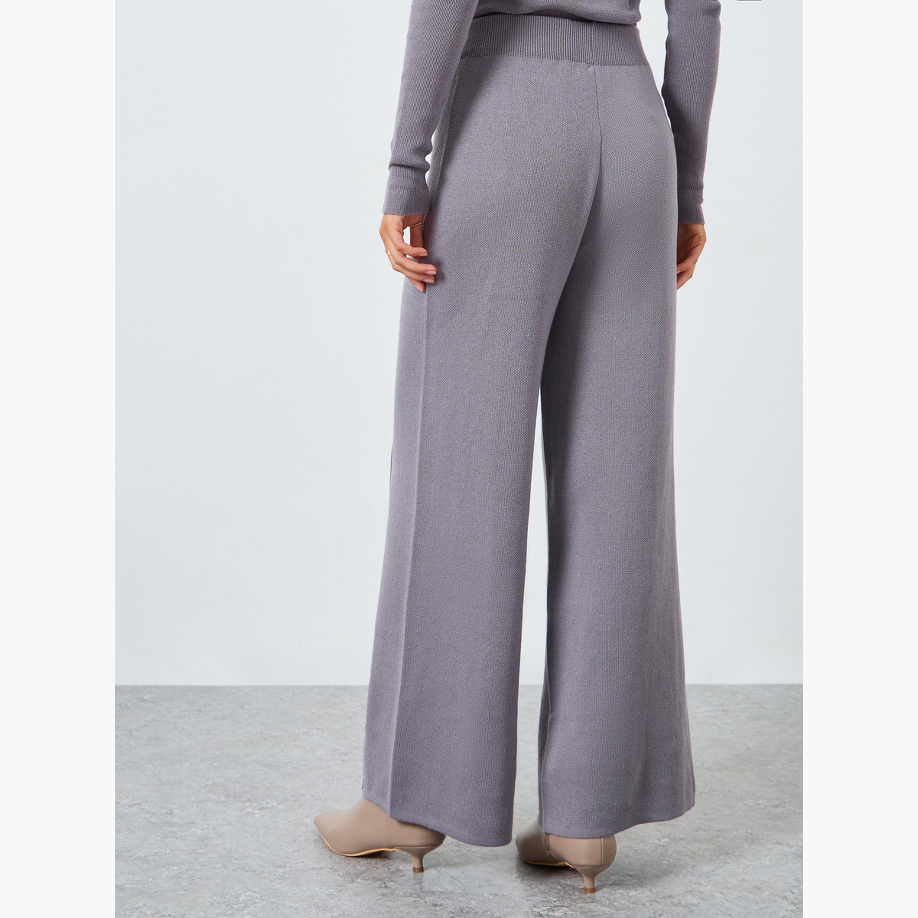 Styli Grey Wide Leg Flat Knit Pants-women-clothing-bottoms-trousers-image-4