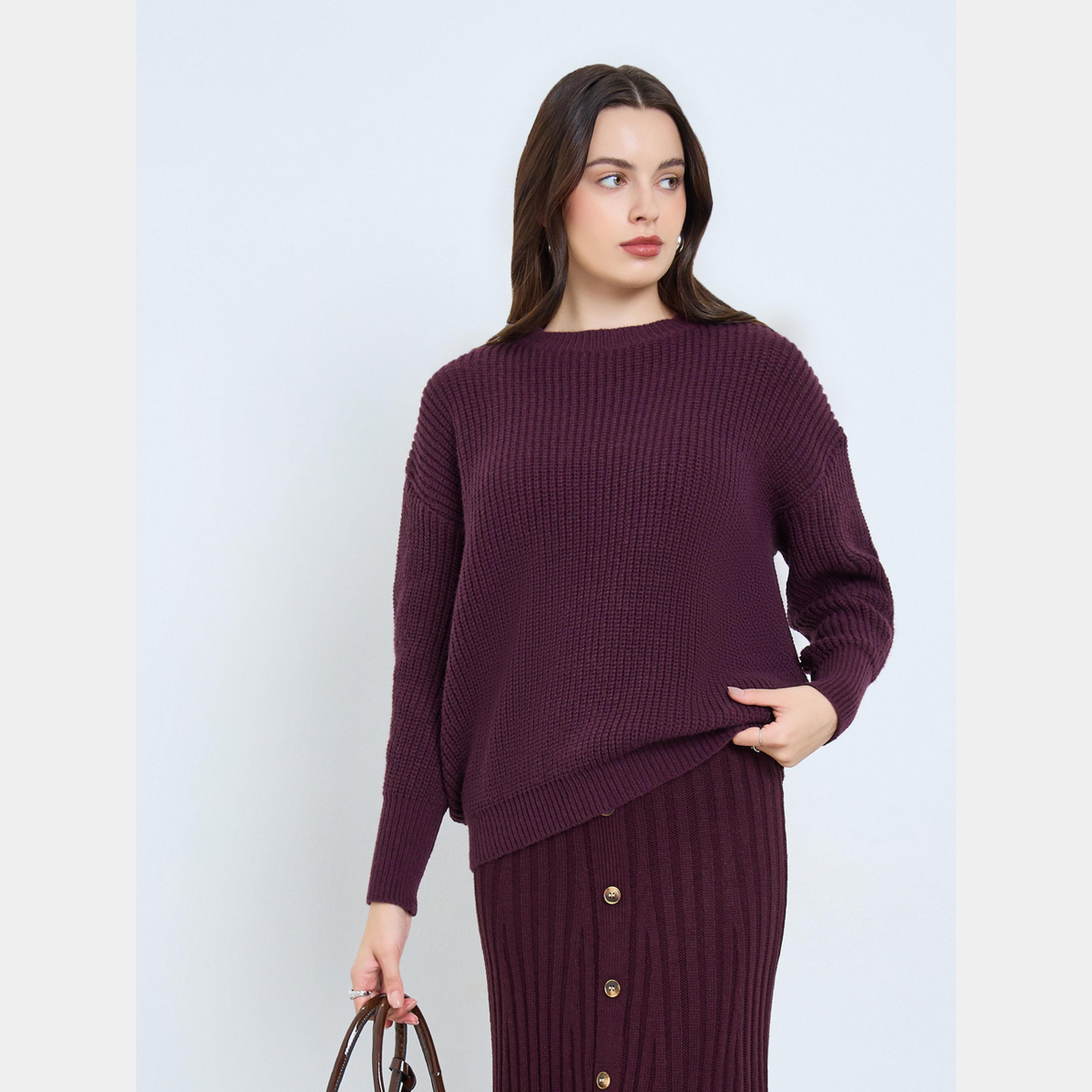 Styli Burgundy Ribbed Knit Sweater-women-winterwear-cardigansandjumpers-jumpers-image-1